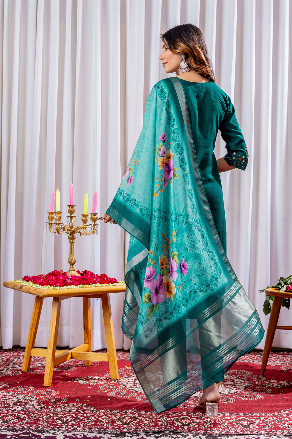 Elegant Straight Kurti Pant Dupatta Set KADV-111 -Green Kalikar