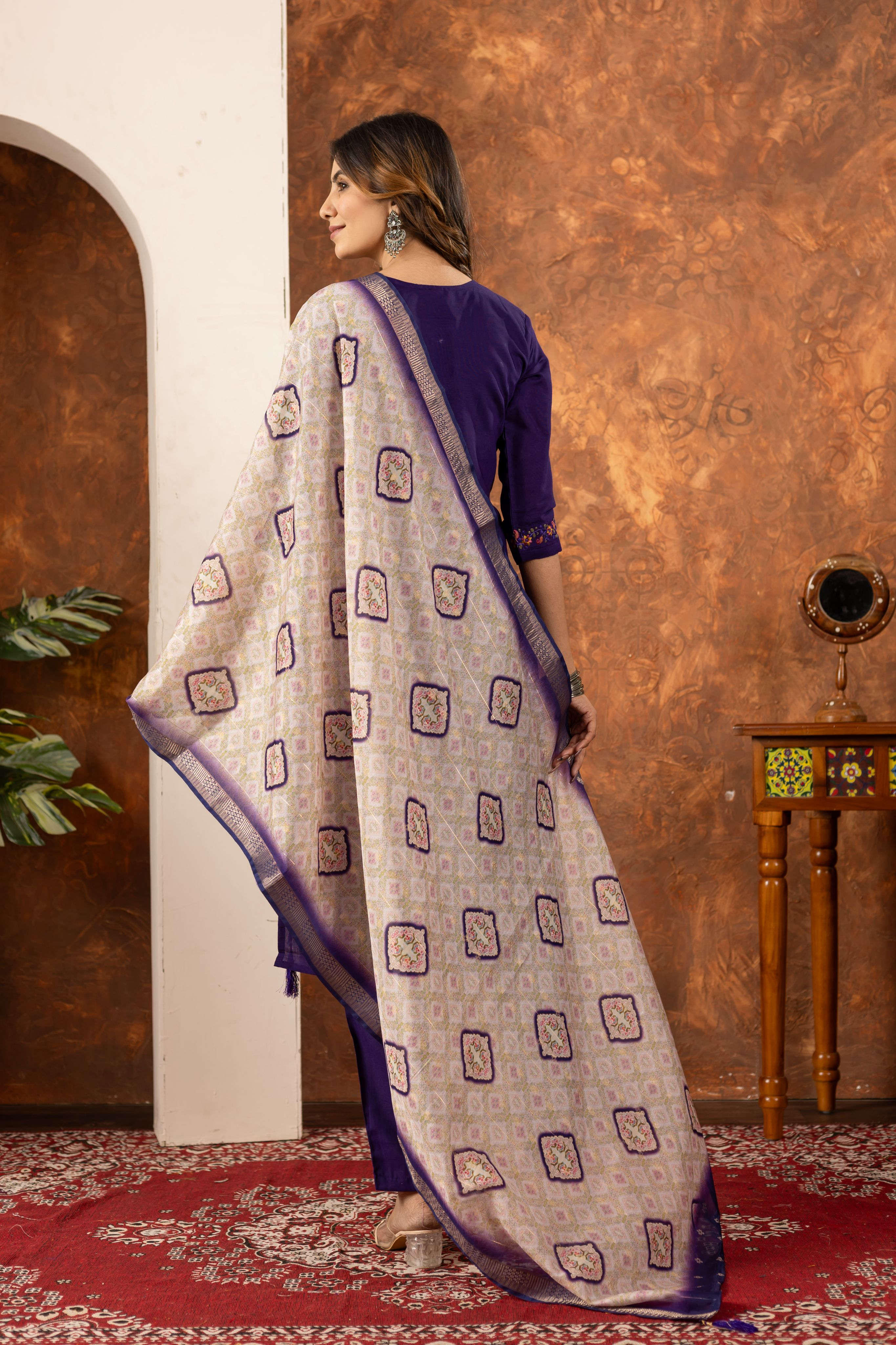 Elegant Straight Kurti Pant Dupatta Set - Purple Kalikar