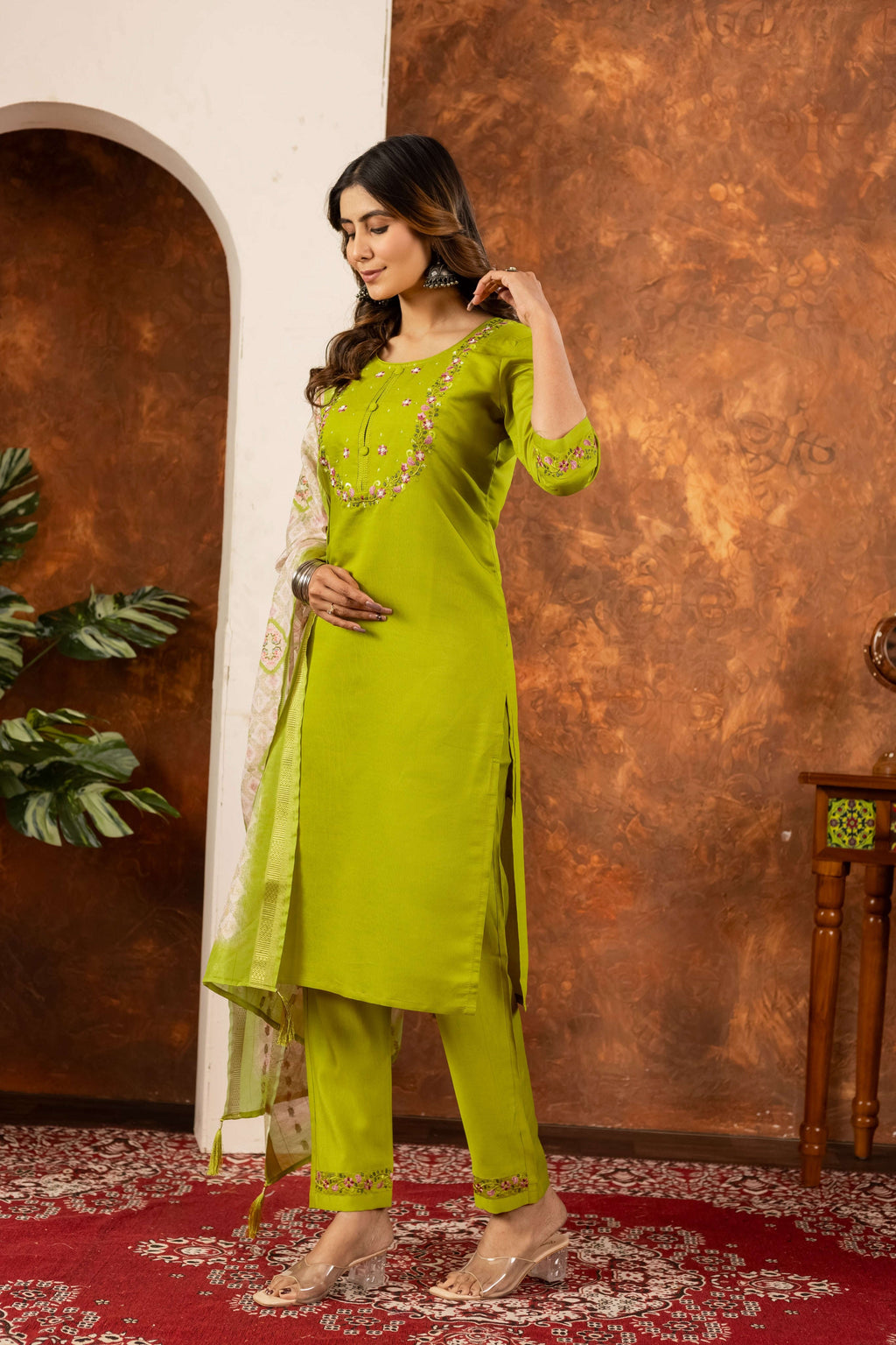 Elegant Straight Kurti Pant Dupatta Set - Parrot Green Kalikar