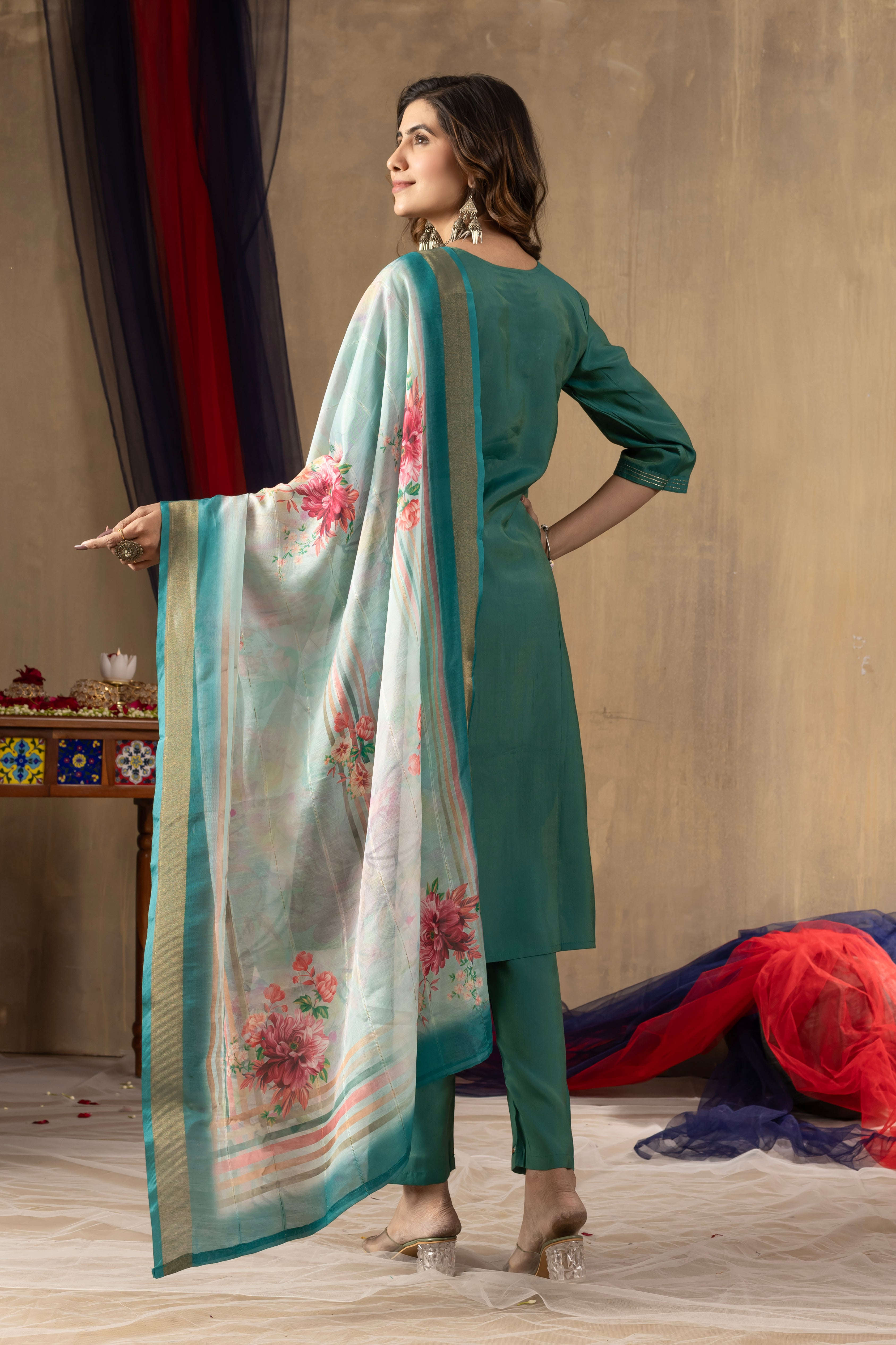 Elegant Straight Kurti Pant Dupatta Set KADV-109 - Rama Green Kalikar
