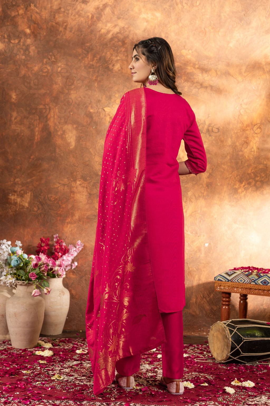 Elegant Straight Kurti Pant Dupatta Set - Pink Kalikar