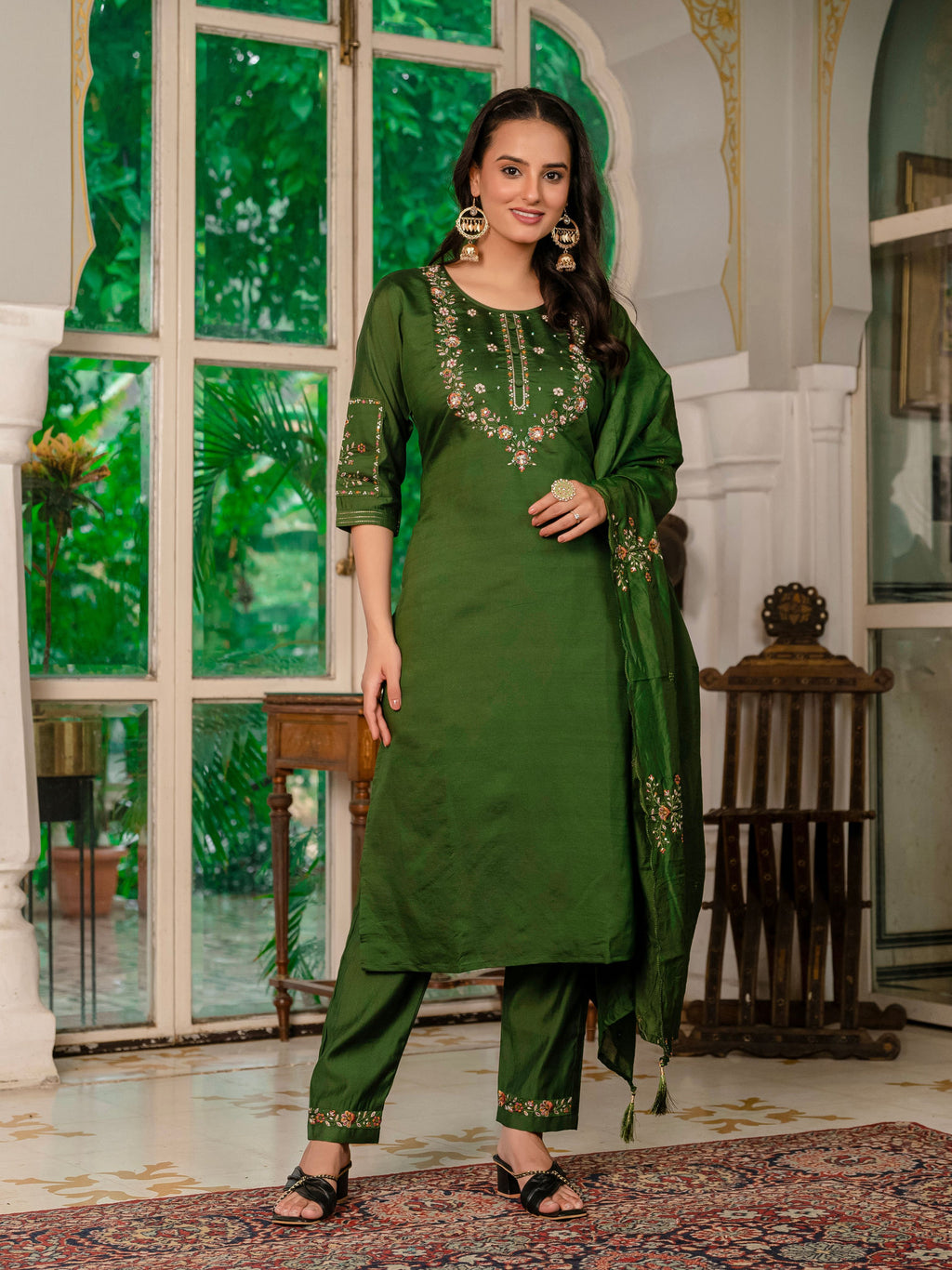 Elegant Straight Kurti Pant Dupatta Set KADV-116 - Mehndi Green Kalikar