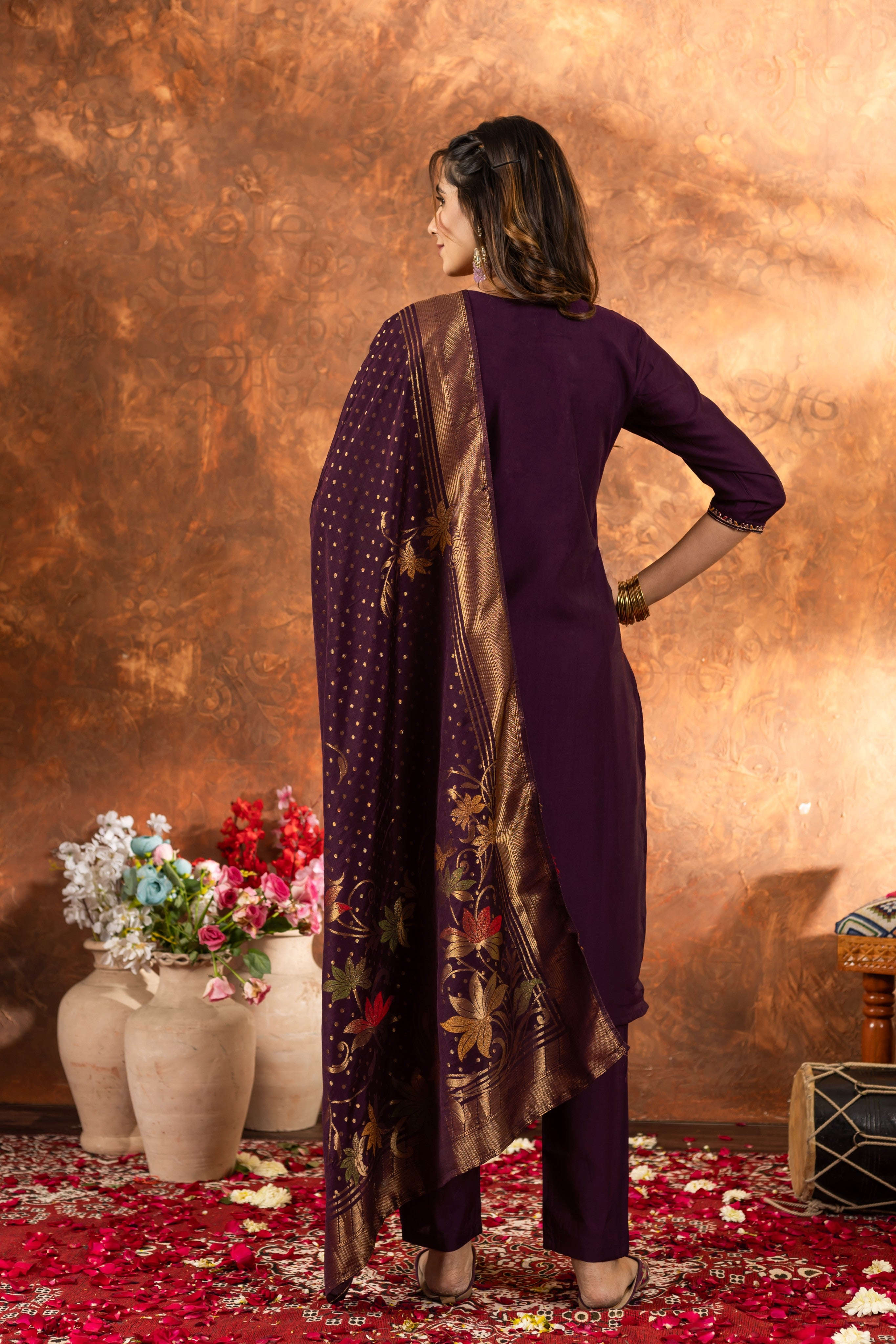 Elegant Straight Kurti Pant Dupatta Set KADV-103 - Wine Kalikar