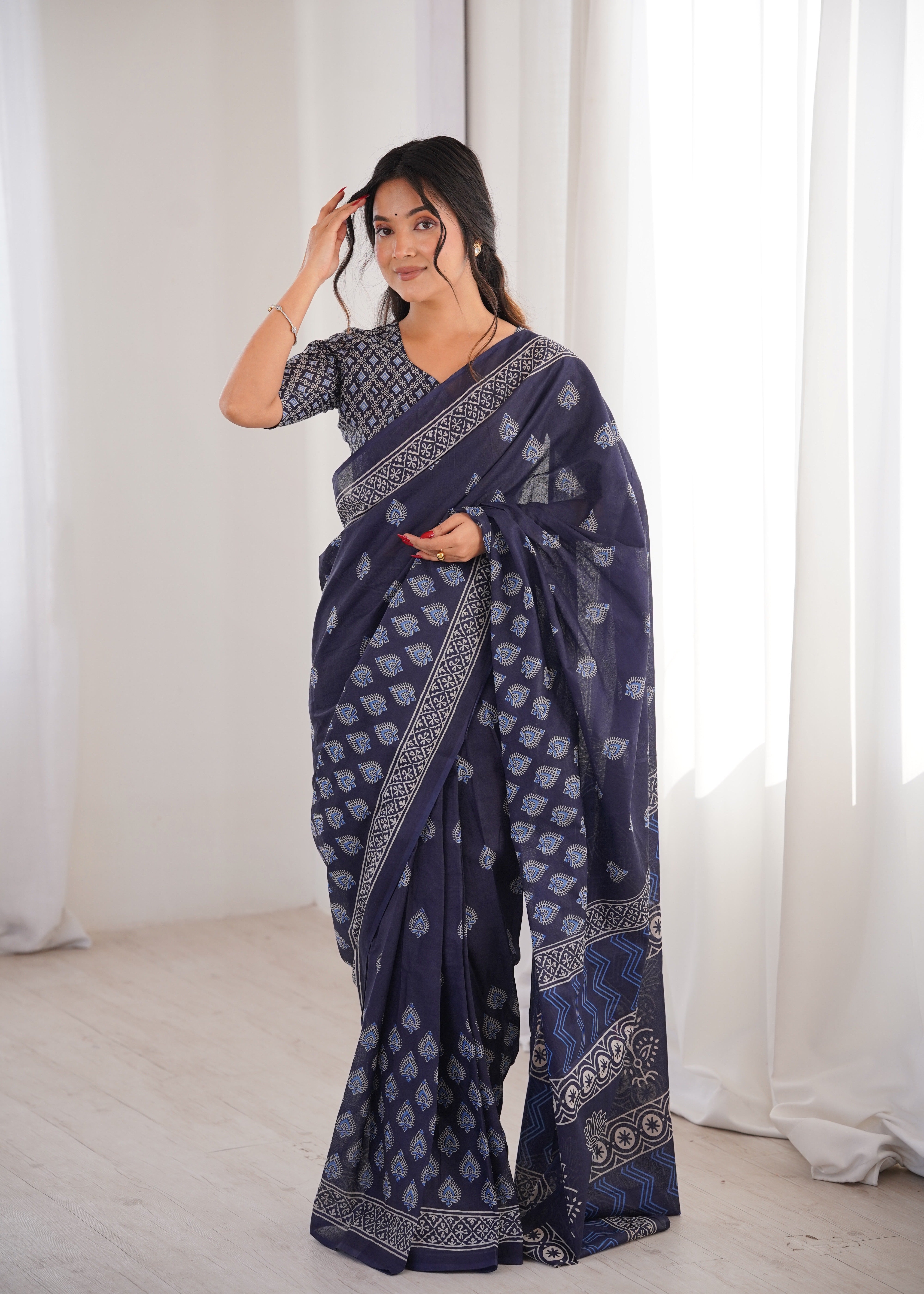Designer Printed Pure Cotton Saree of Blue