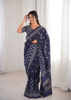 Designer Printed Pure Cotton Saree of Blue
