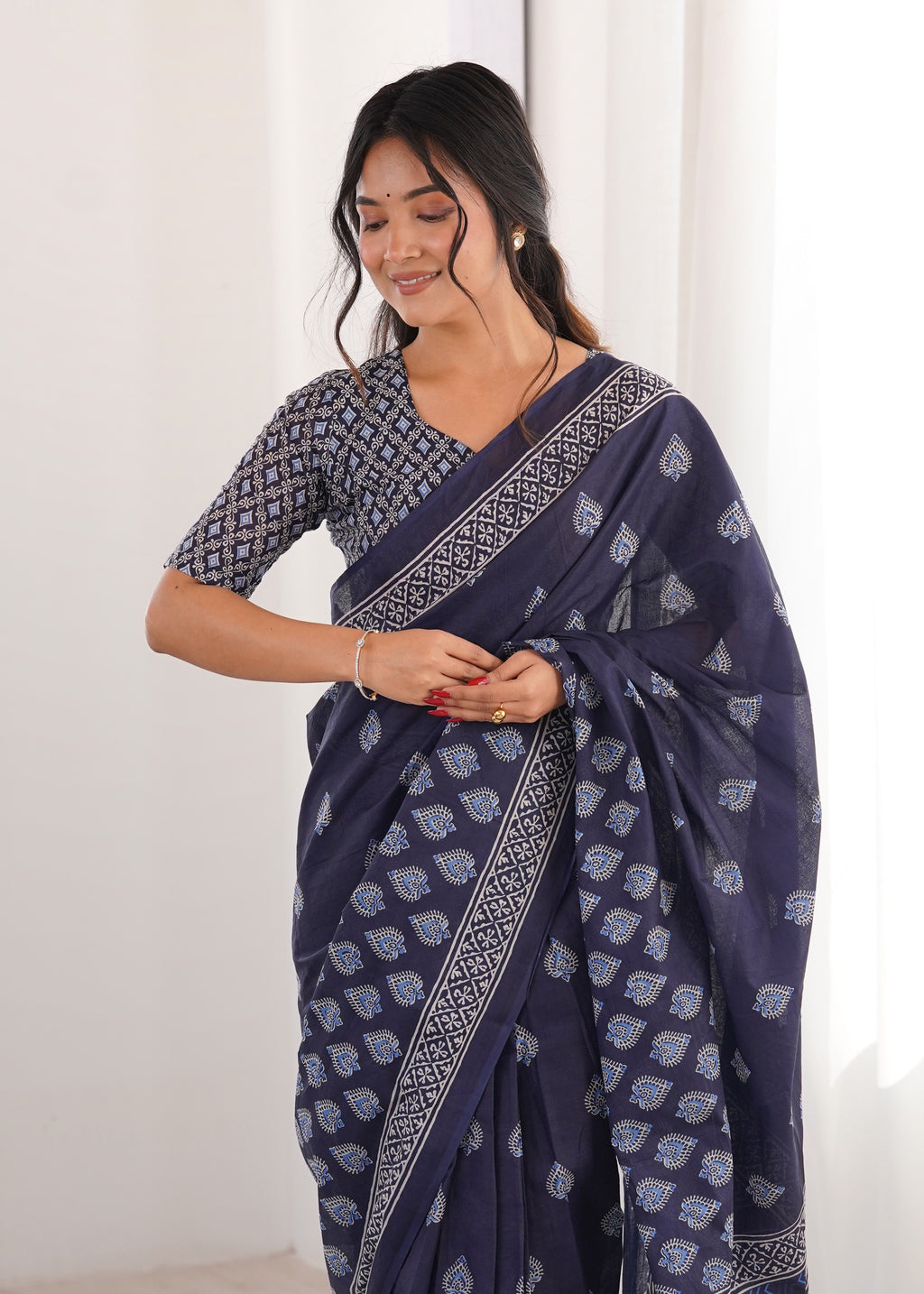 Designer Printed Pure Cotton Saree of Blue