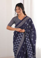 Designer Printed Pure Cotton Saree of Blue