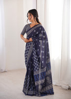 Designer Printed Pure Cotton Saree of Blue