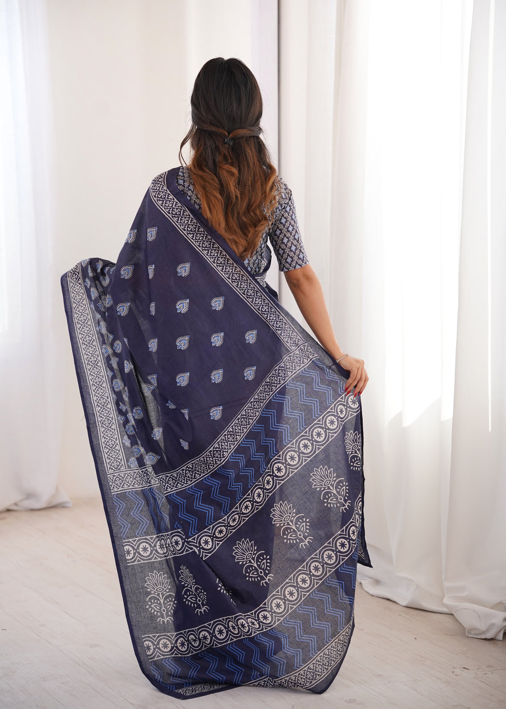 Designer Printed Pure Cotton Saree of Blue
