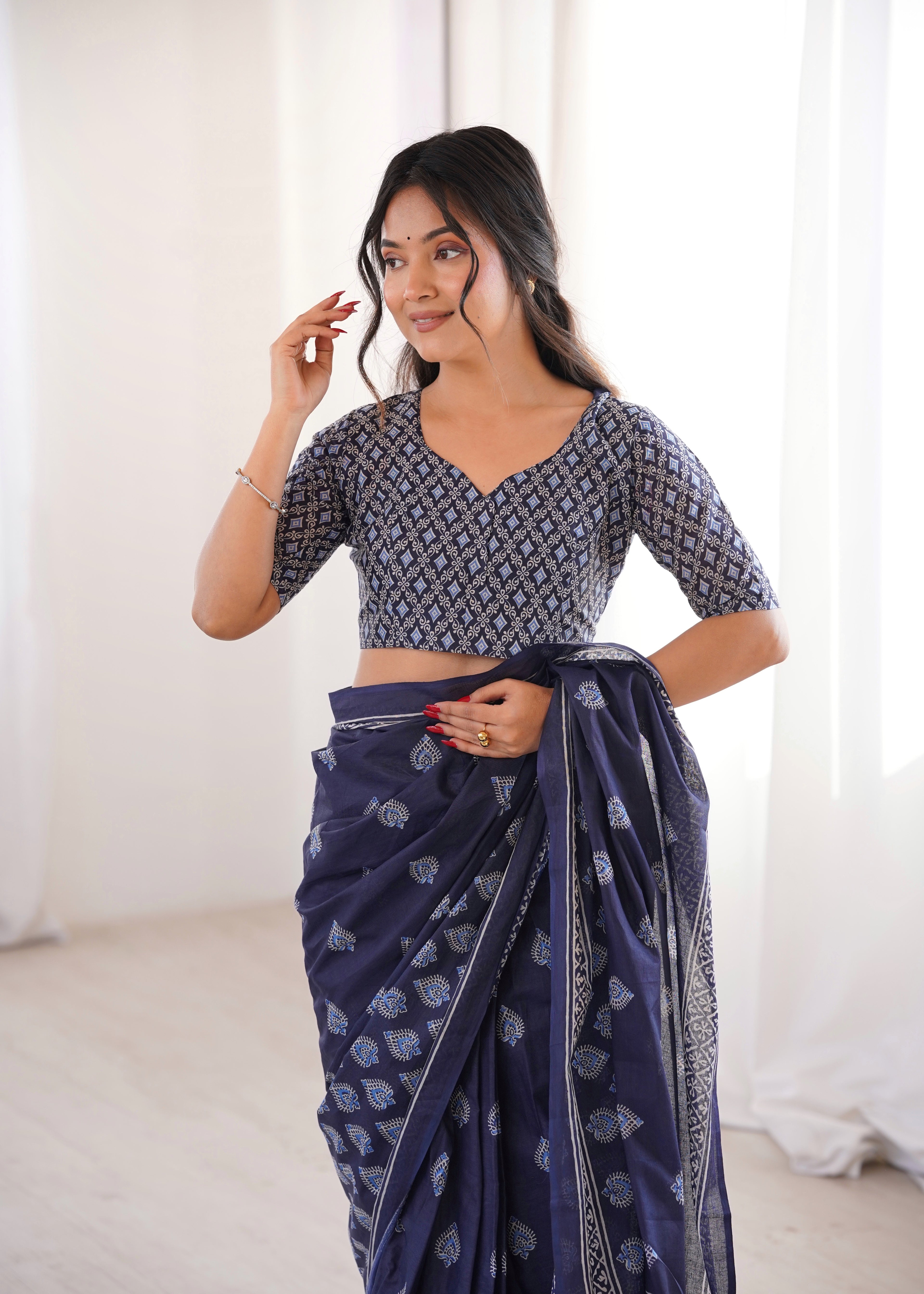 Designer Printed Pure Cotton Saree of Blue