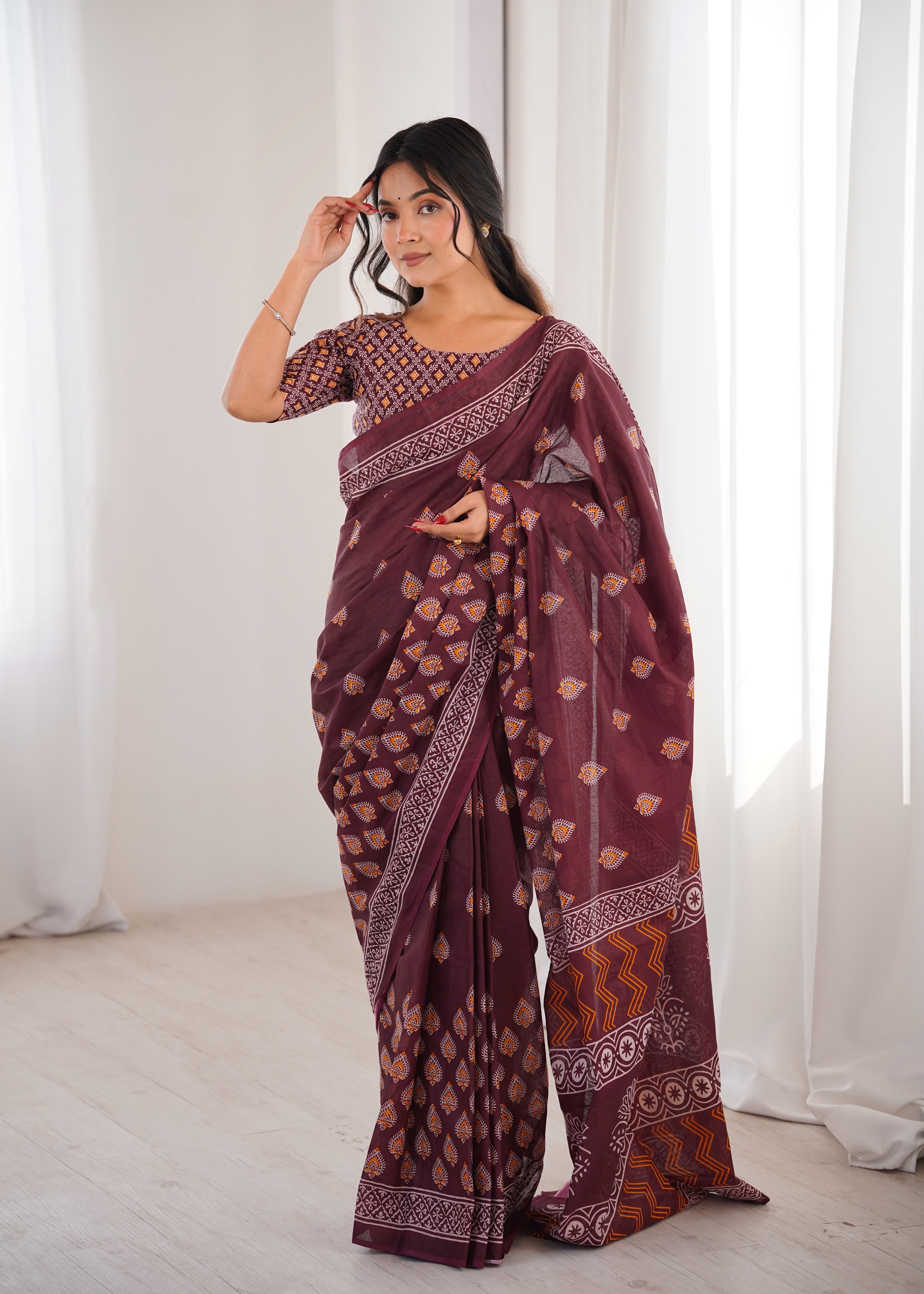 Designer Printed Pure Cotton Saree of Maroon