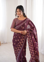 Designer Printed Pure Cotton Saree of Maroon