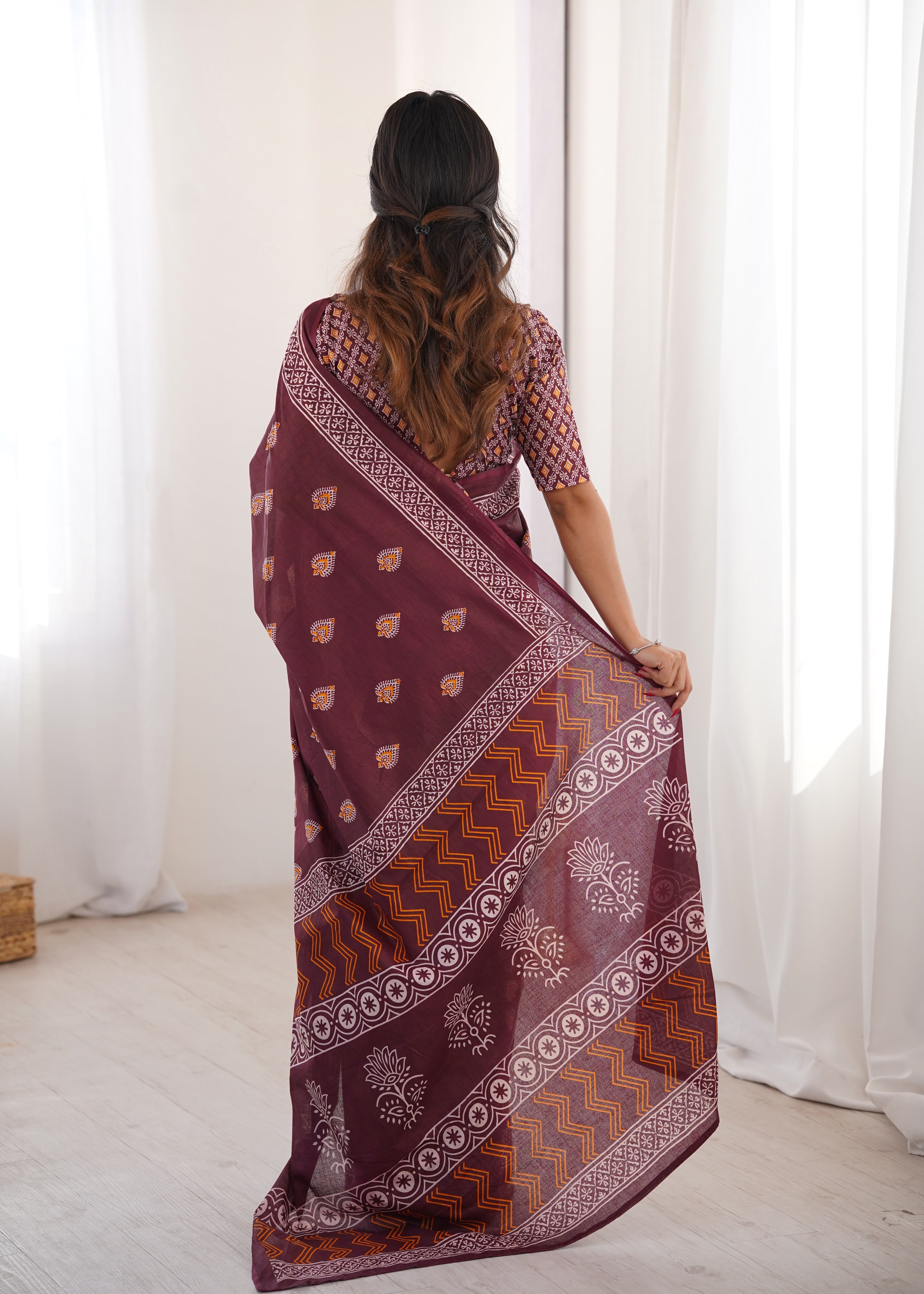 Designer Printed Pure Cotton Saree of Maroon