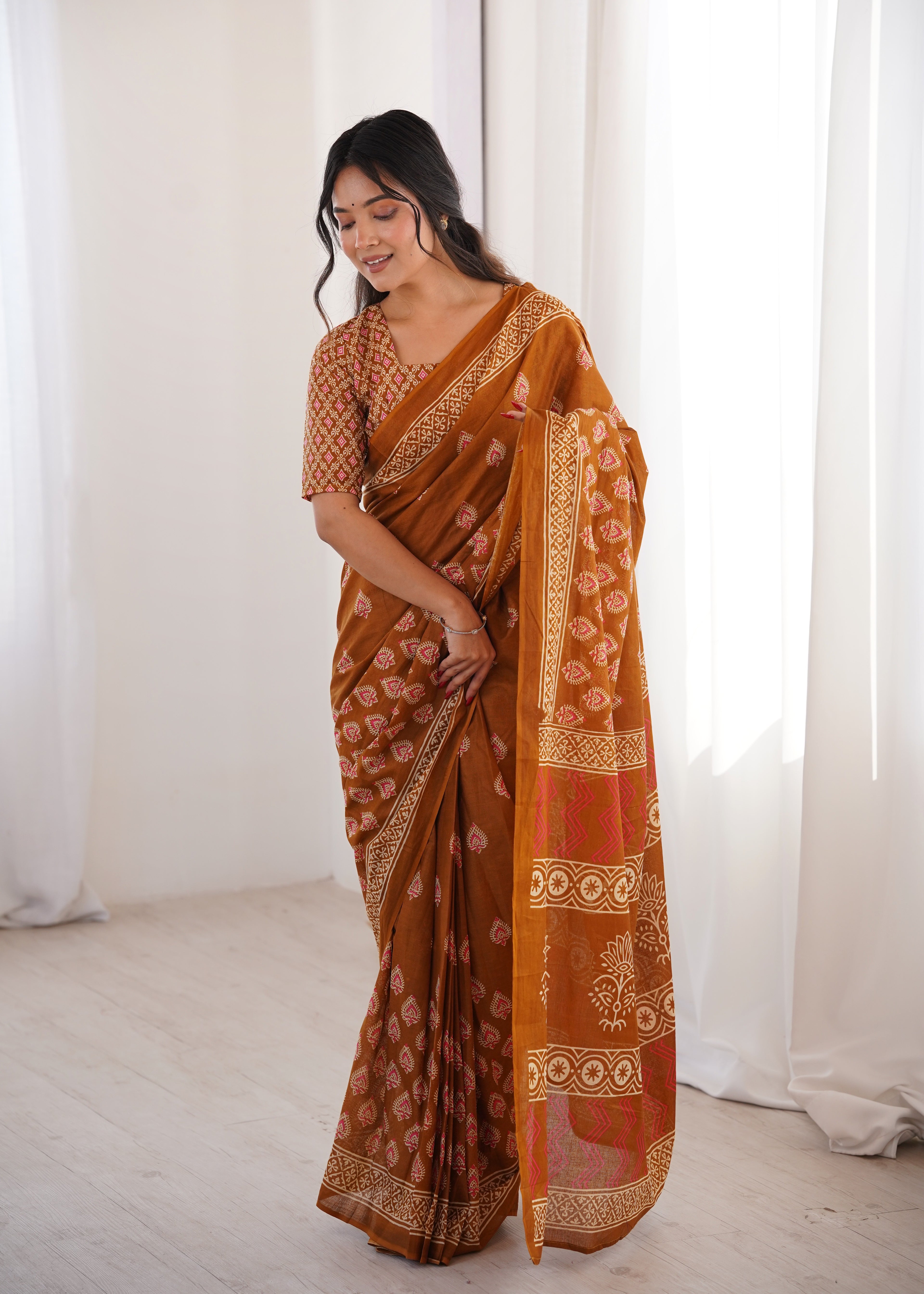 Designer Printed Pure Cotton Saree of Musterd