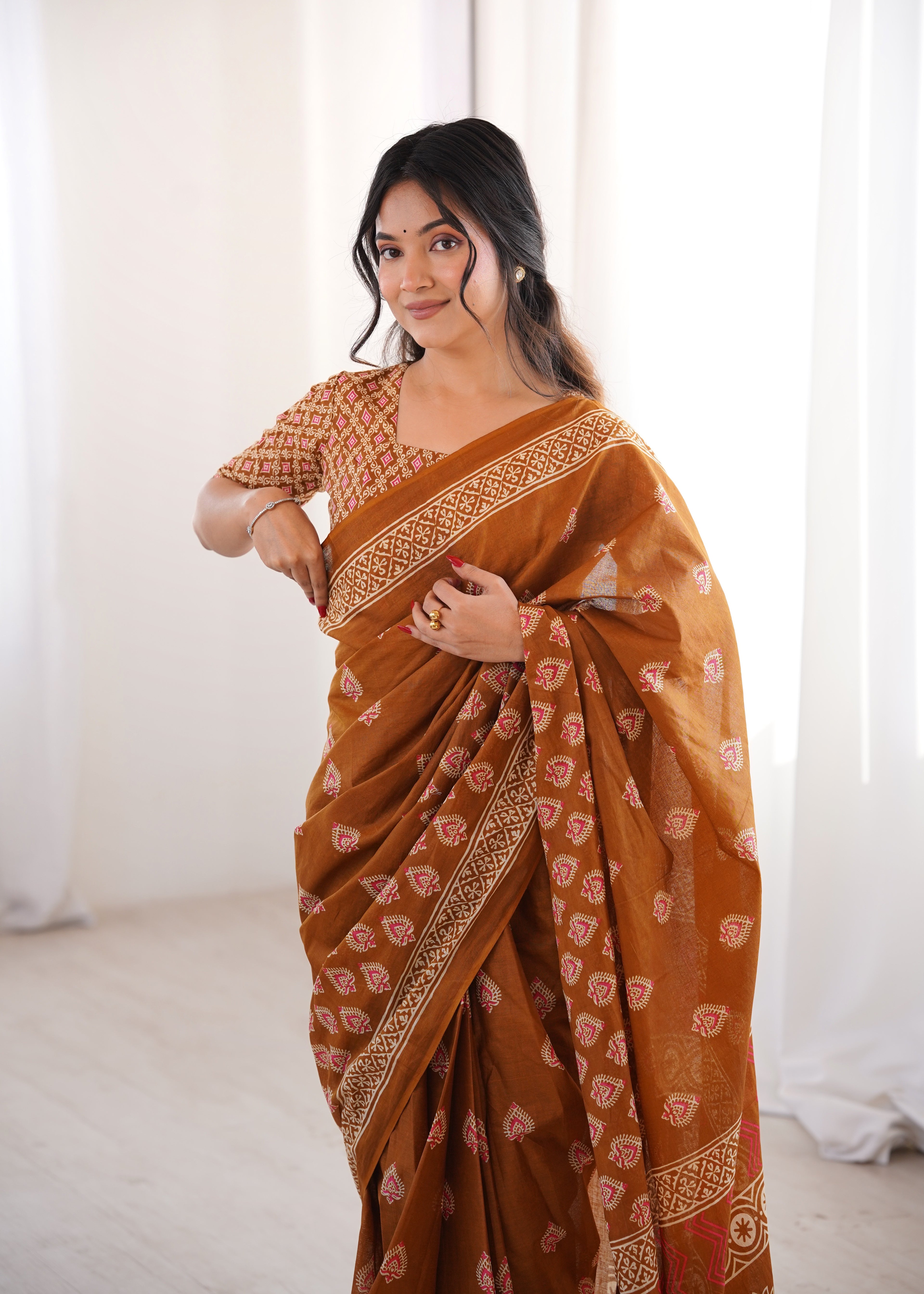 Designer Printed Pure Cotton Saree of Musterd