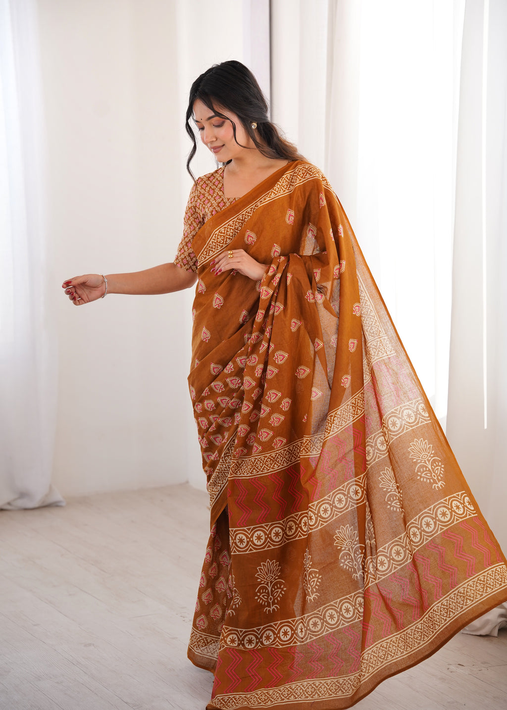 Designer Printed Pure Cotton Saree of Musterd