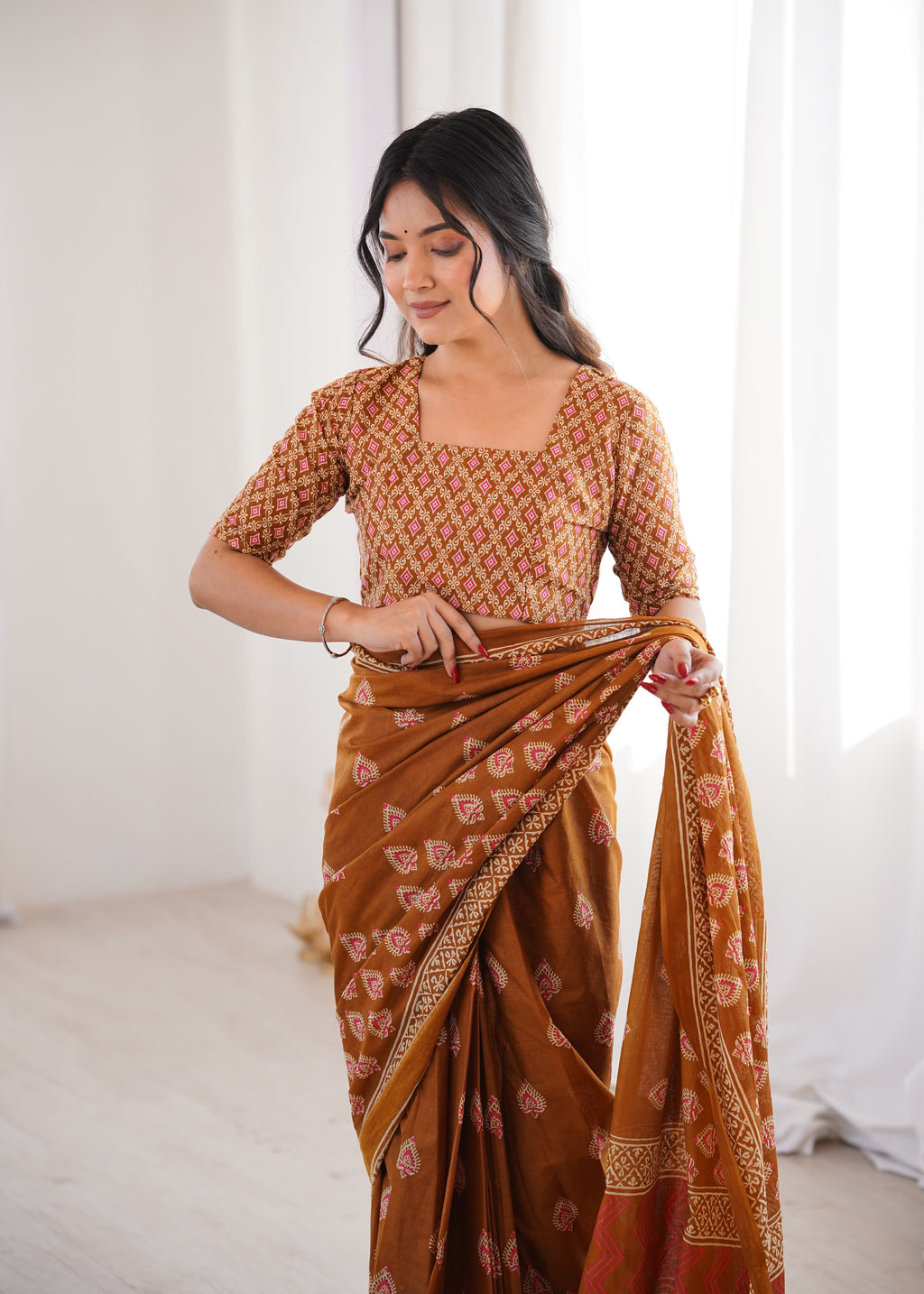 Designer Printed Pure Cotton Saree of Musterd