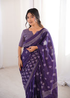 Designer Printed Pure Cotton Saree of Purple