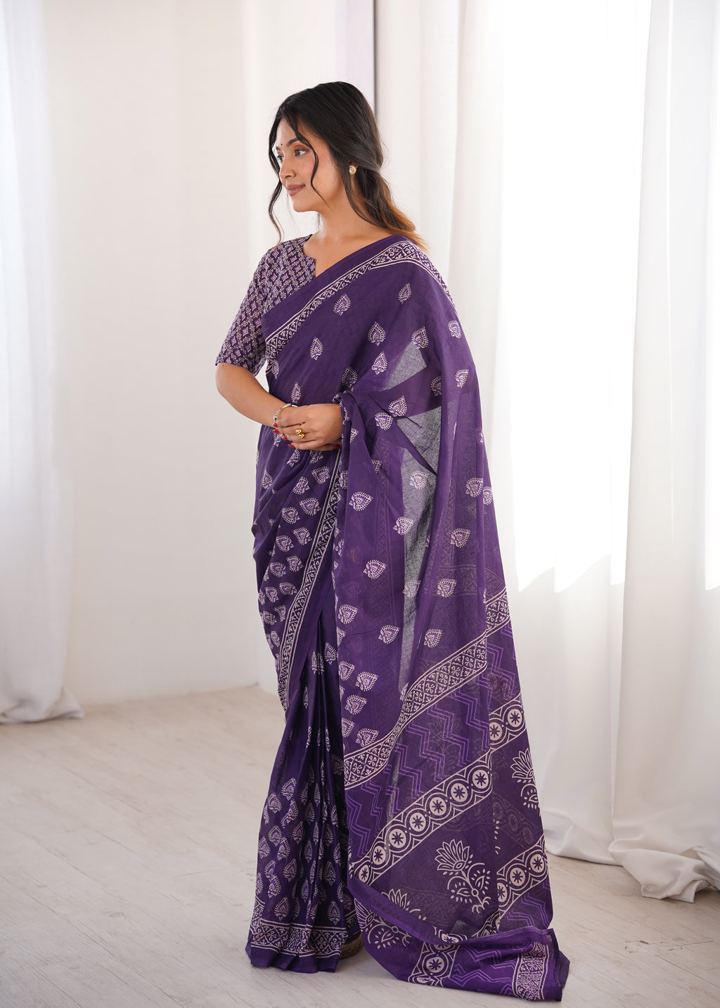 Designer Printed Pure Cotton Saree of Purple