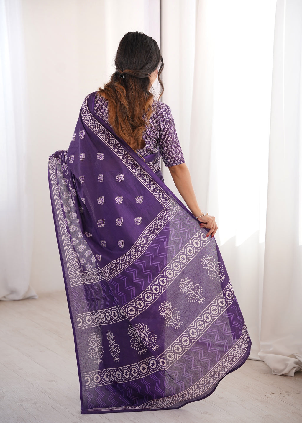 Designer Printed Pure Cotton Saree of Purple