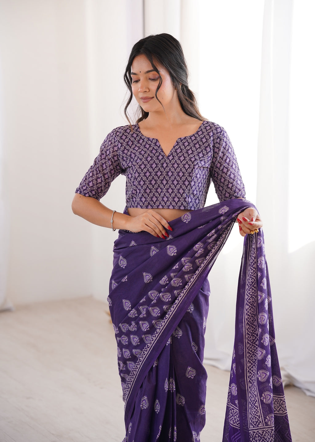 Designer Printed Pure Cotton Saree of Purple