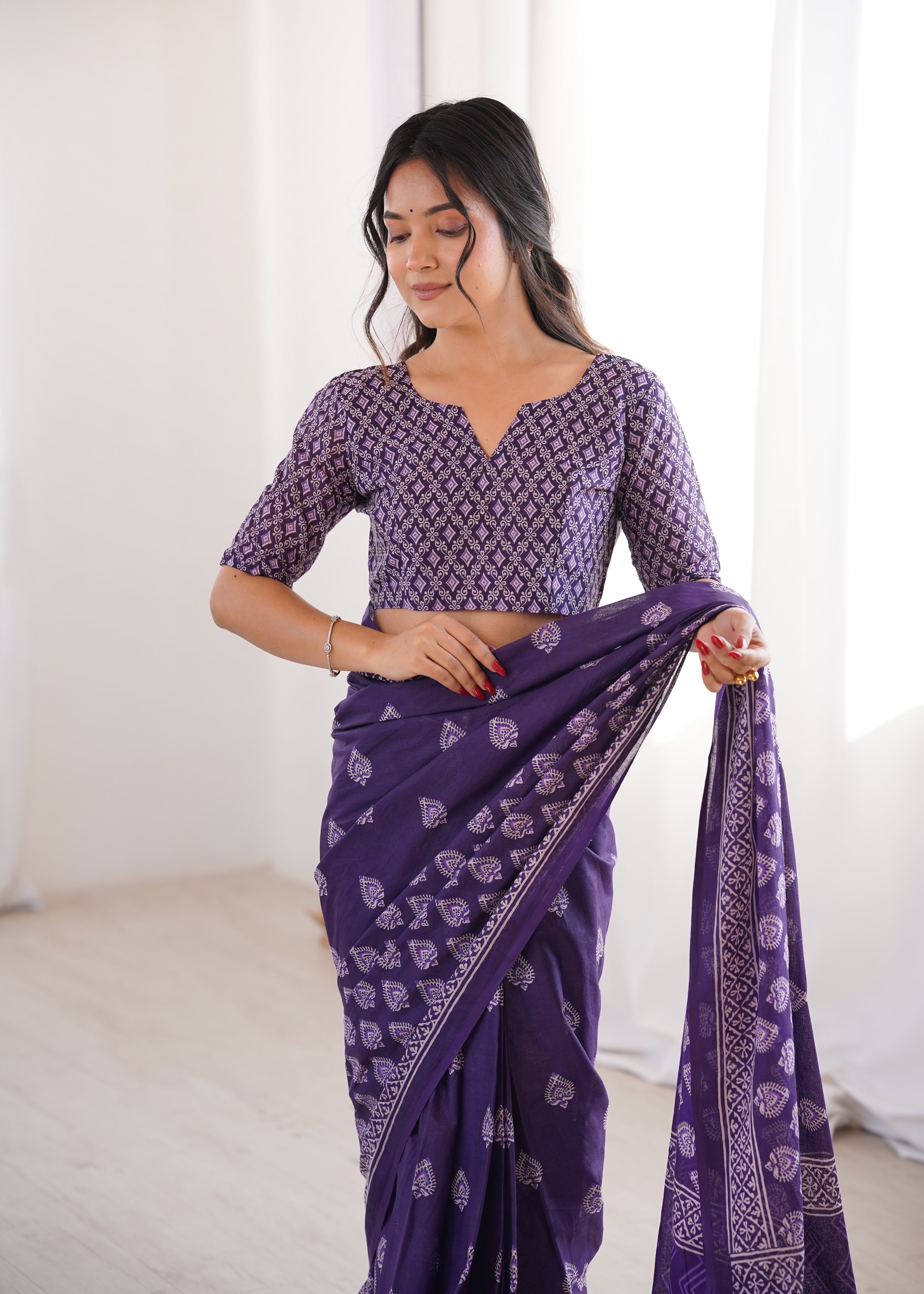 Designer Printed Pure Cotton Saree of Purple