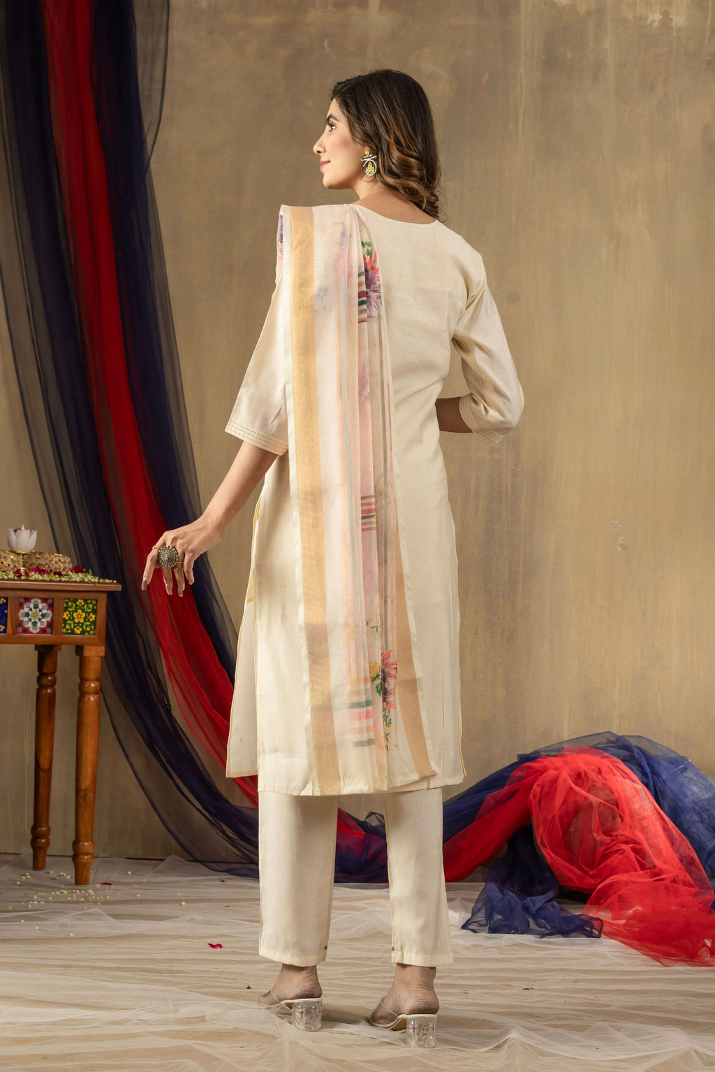 Elegant Straight Kurti Pant Dupatta Set KADV-109 - Off White Kalikar