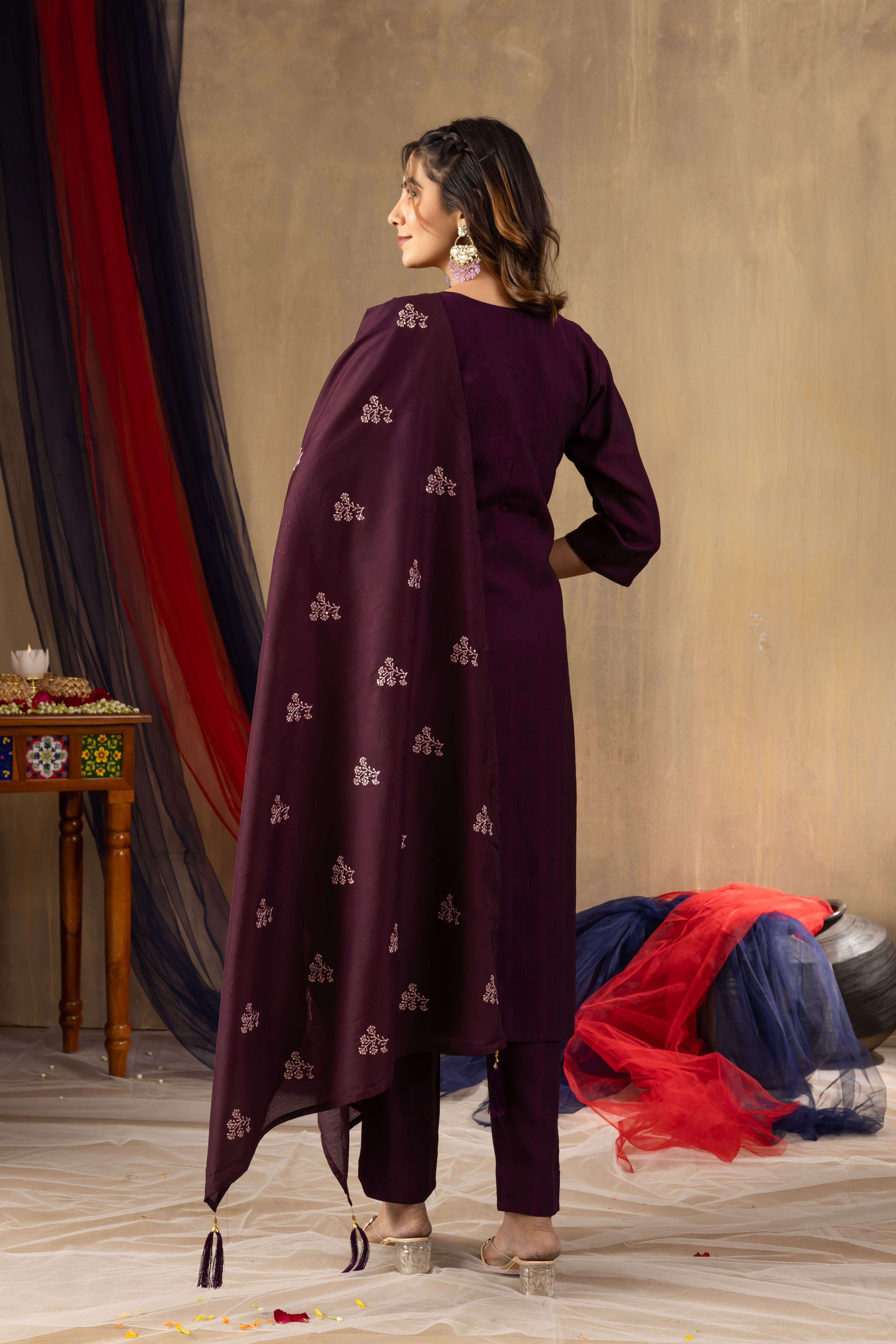 Elegant Straight Kurti Pant Dupatta Set KADV-104 - Wine Kalikar