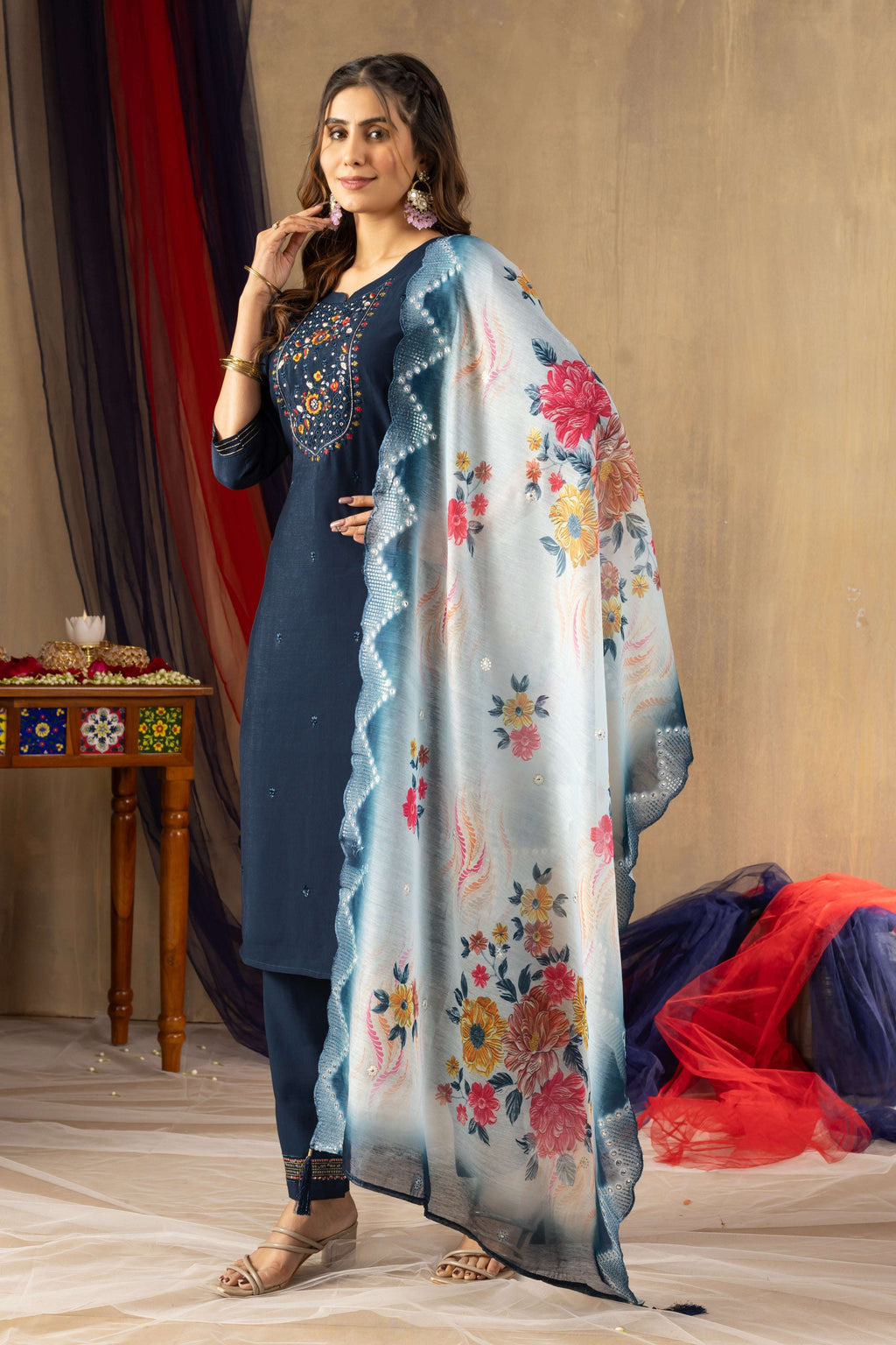 Elegant Straight Kurti Pant Dupatta Set KADV-105 - Clay Kalikar