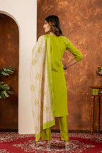 Elegant Straight Kurti Pant Dupatta Set - Parrot Green Kalikar