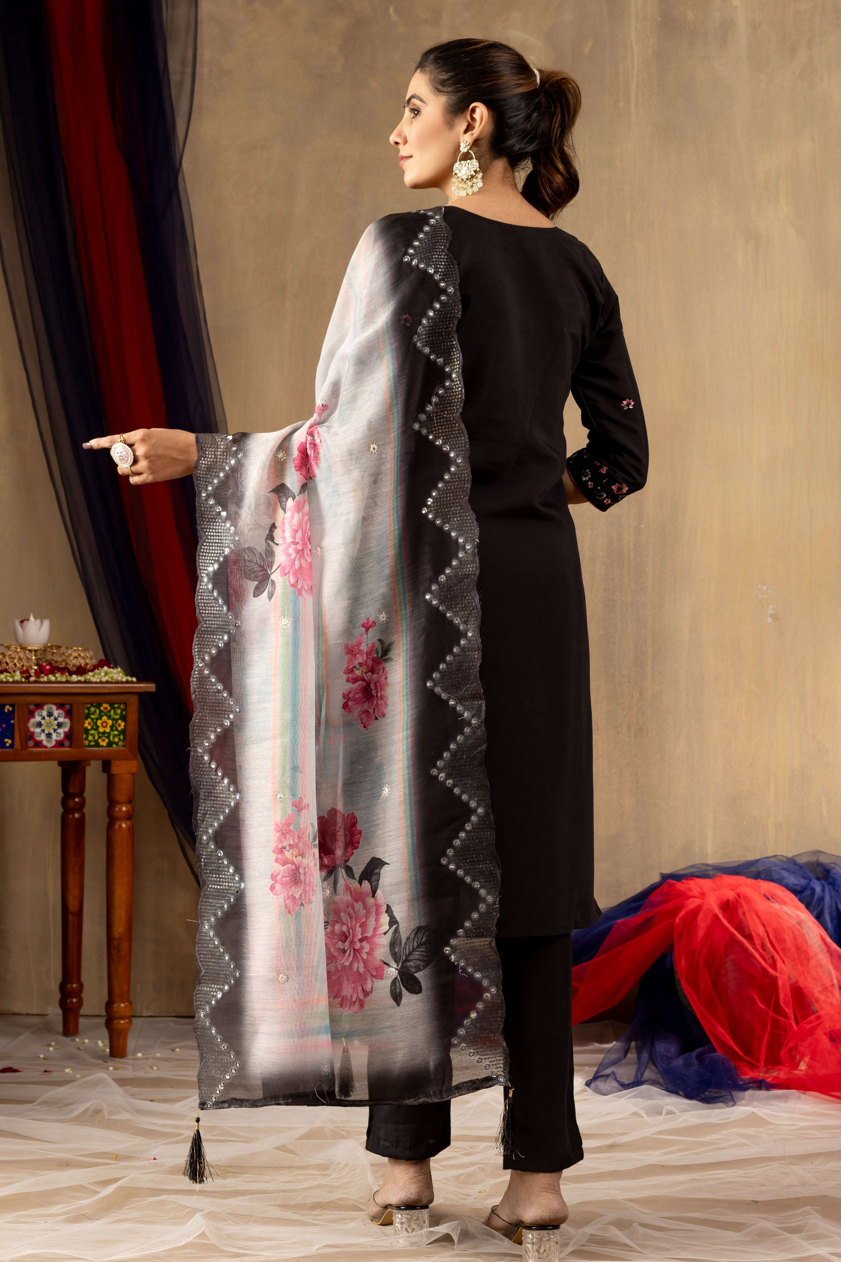 Elegant Straight Kurti Pant Dupatta Set KADV-108 - Black Kalikar