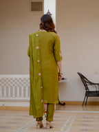 Elegant Straight Kurti Pant Dupatta Set of Mahendi Green