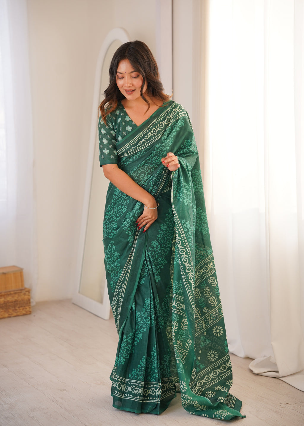 Designer Printed Pure Cotton Saree of Green