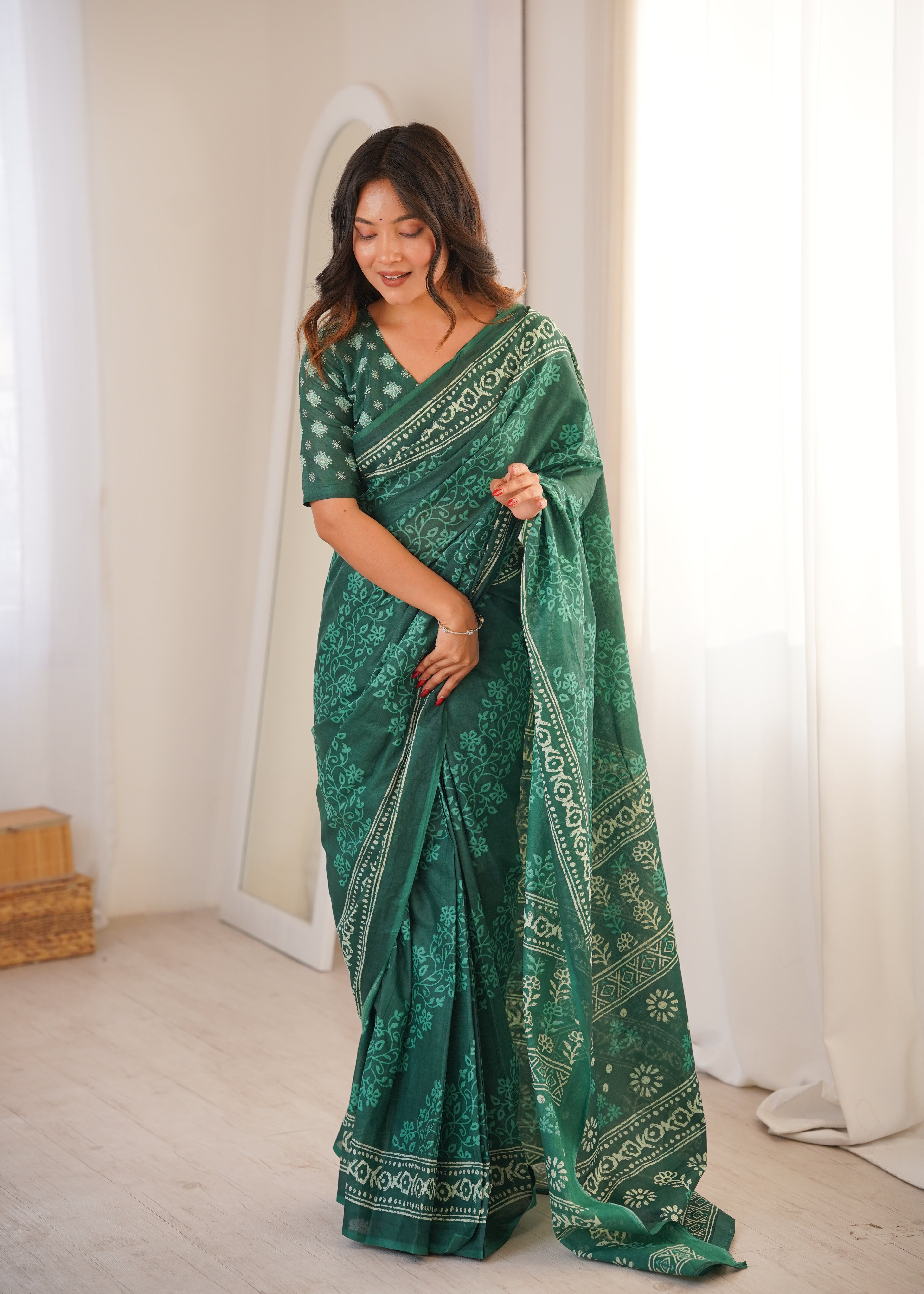 Designer Printed Pure Cotton Saree of Green