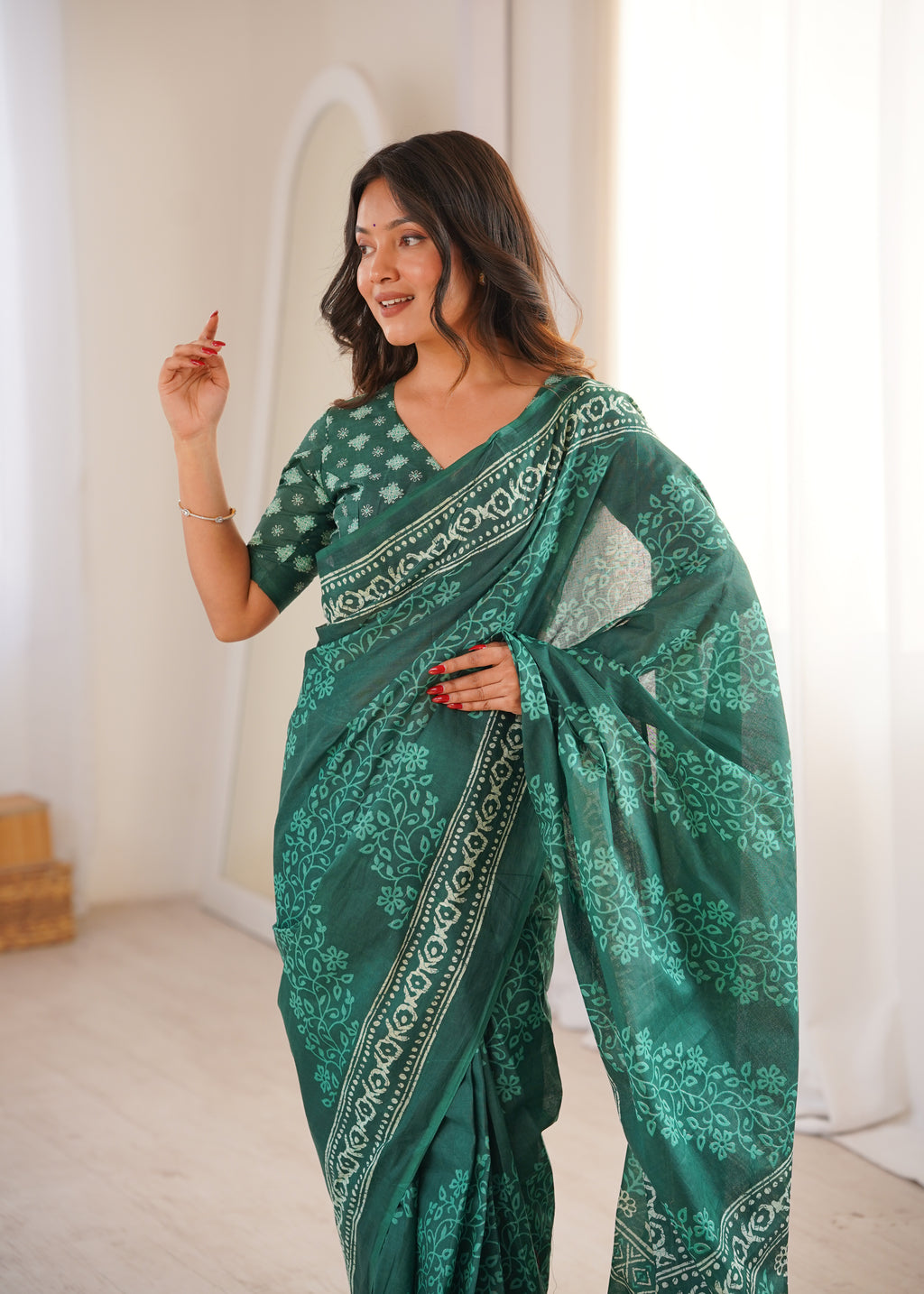 Designer Printed Pure Cotton Saree of Green