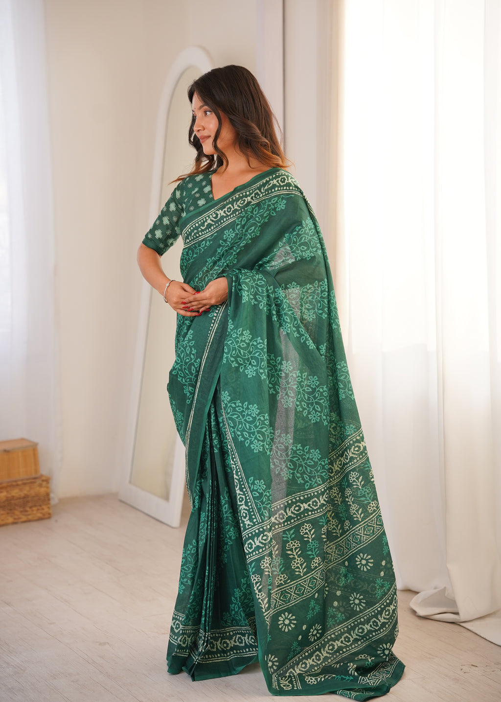 Designer Printed Pure Cotton Saree of Green