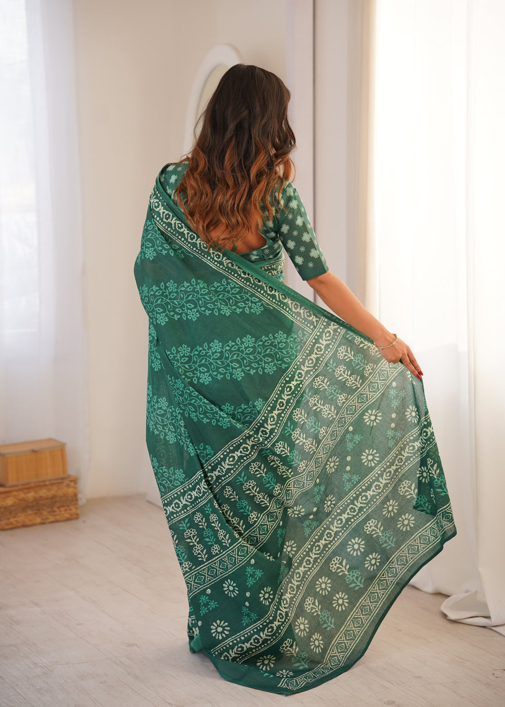Designer Printed Pure Cotton Saree of Green