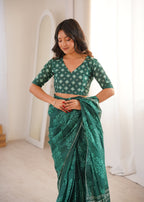 Designer Printed Pure Cotton Saree of Green
