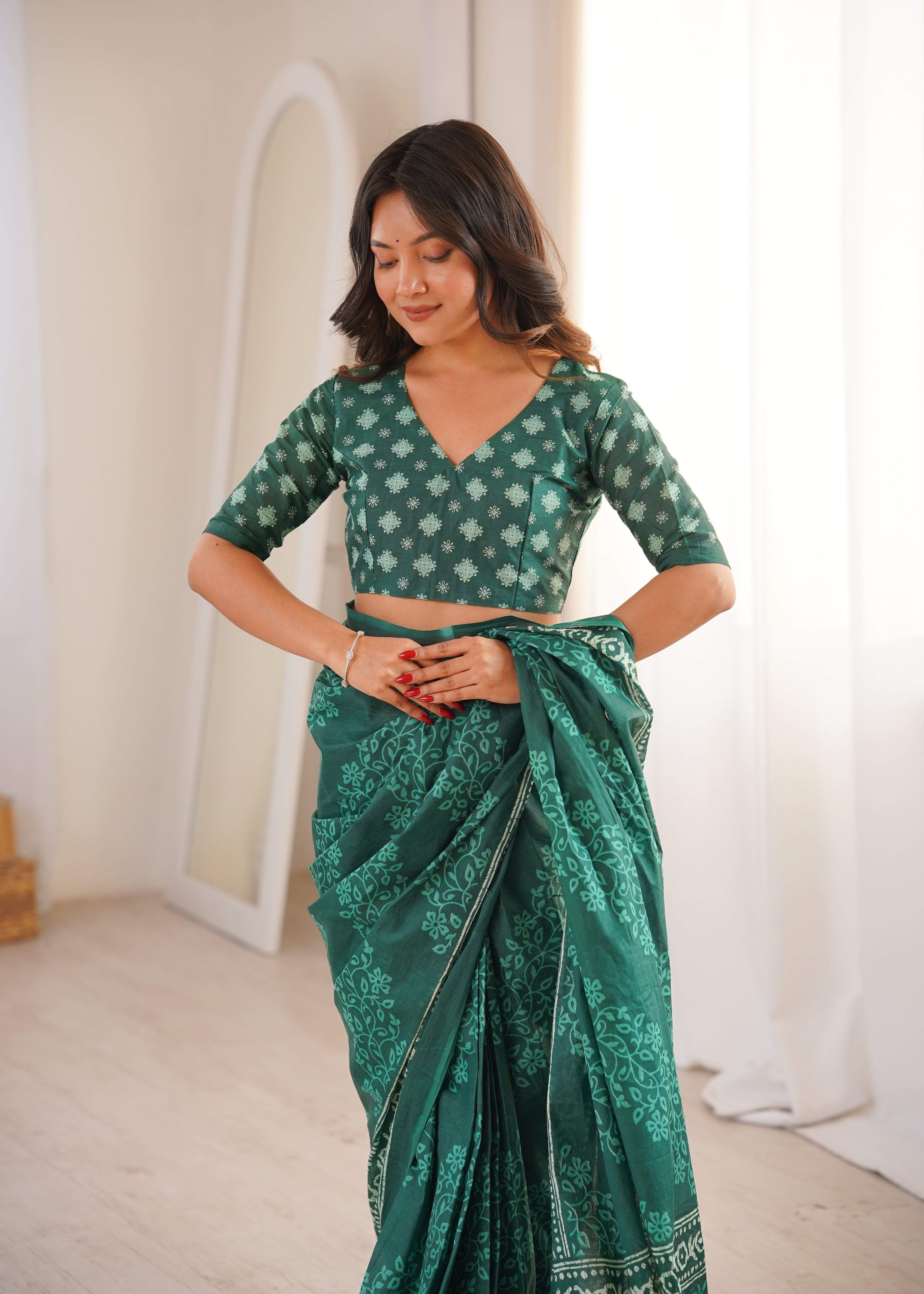 Designer Printed Pure Cotton Saree of Green