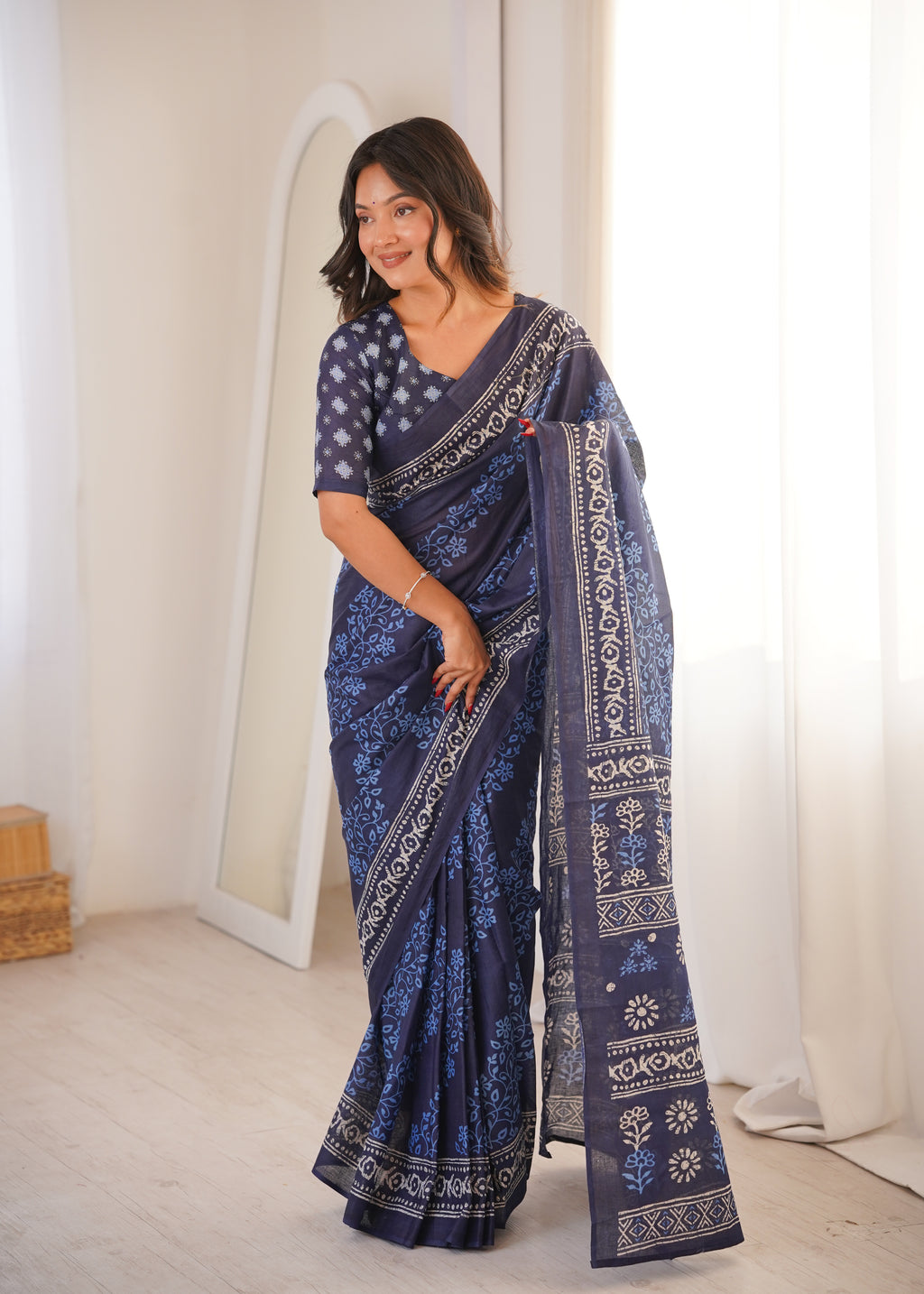 Designer Printed Pure Cotton Saree of Blue