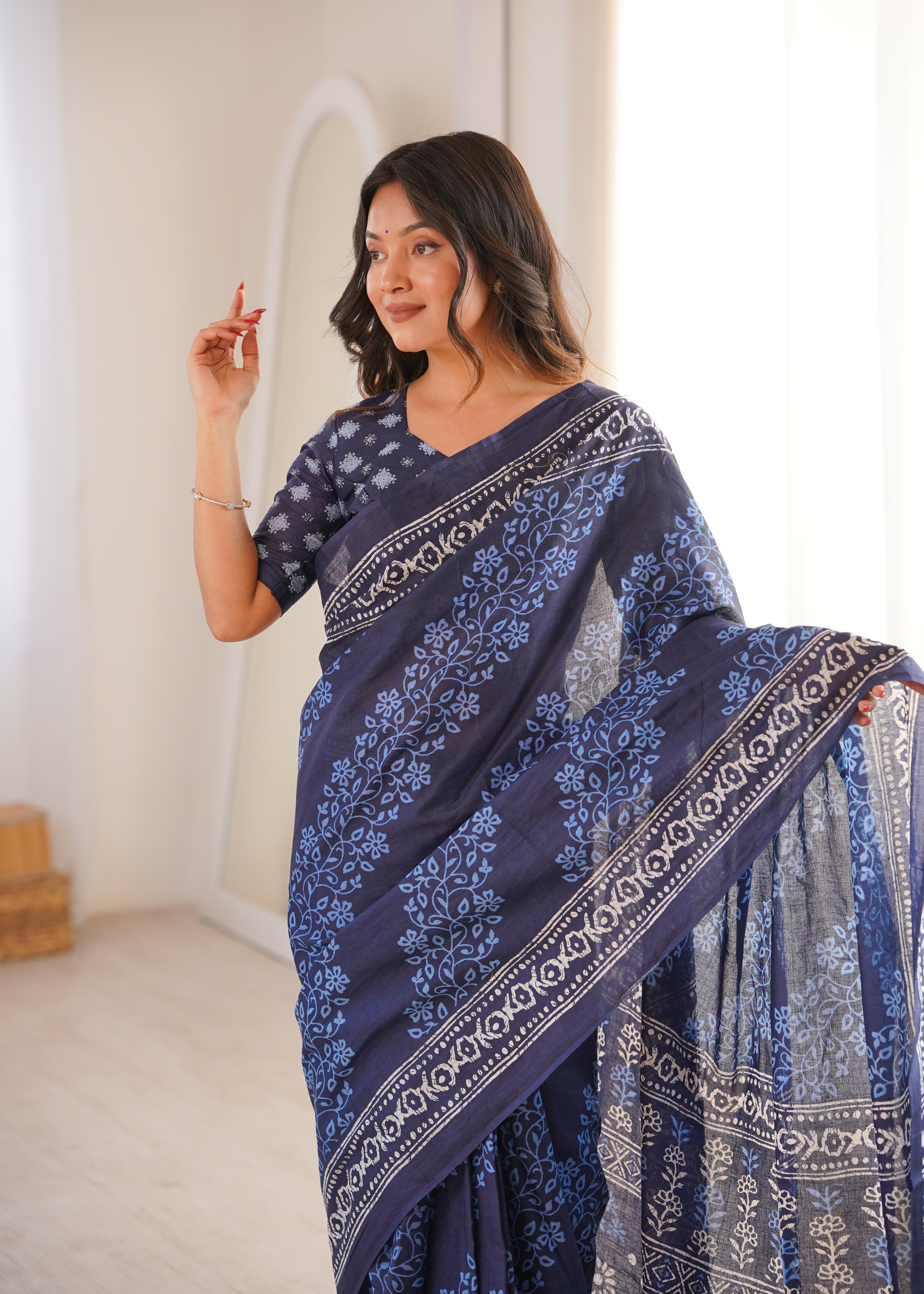 Designer Printed Pure Cotton Saree of Blue