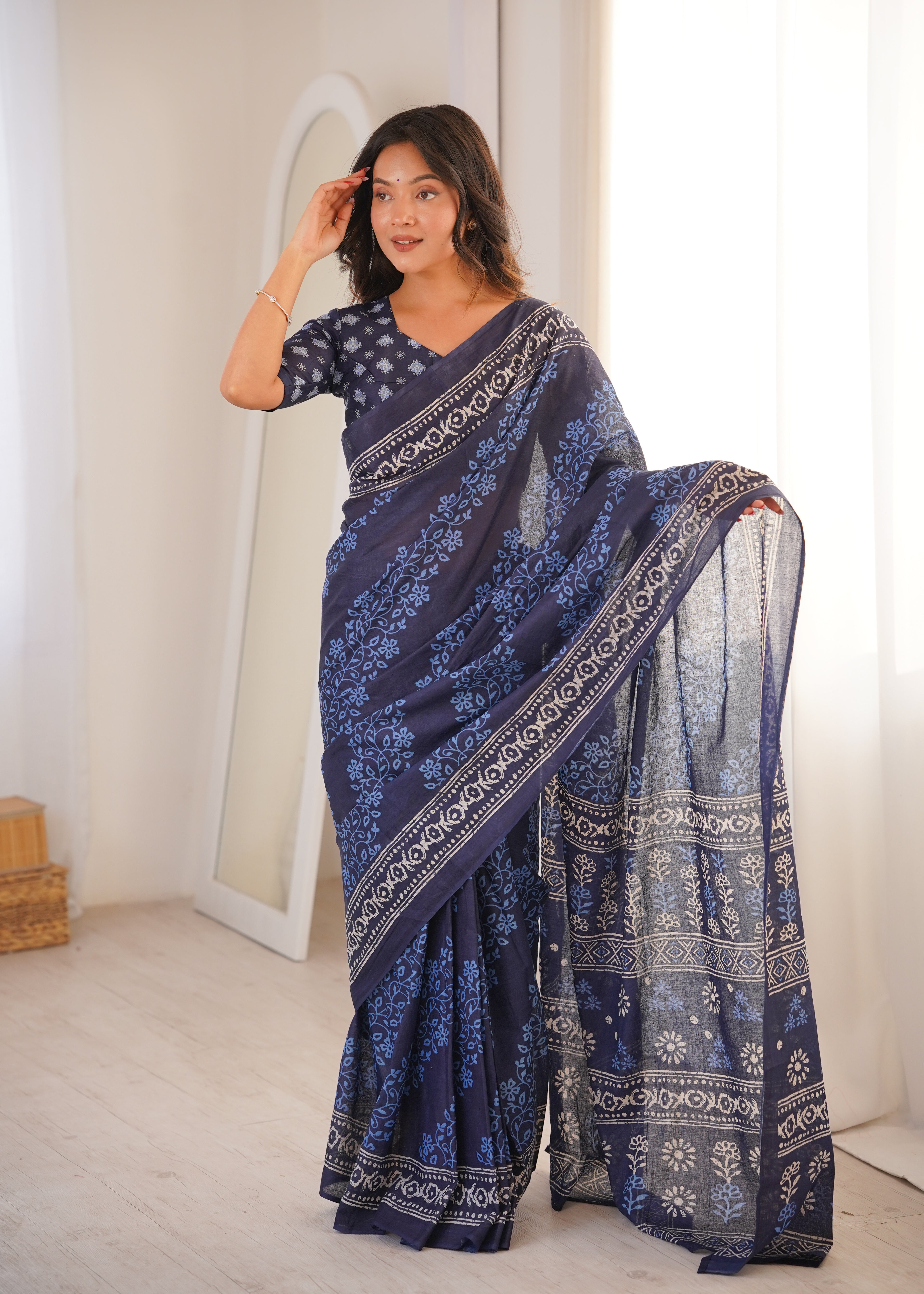 Designer Printed Pure Cotton Saree of Blue