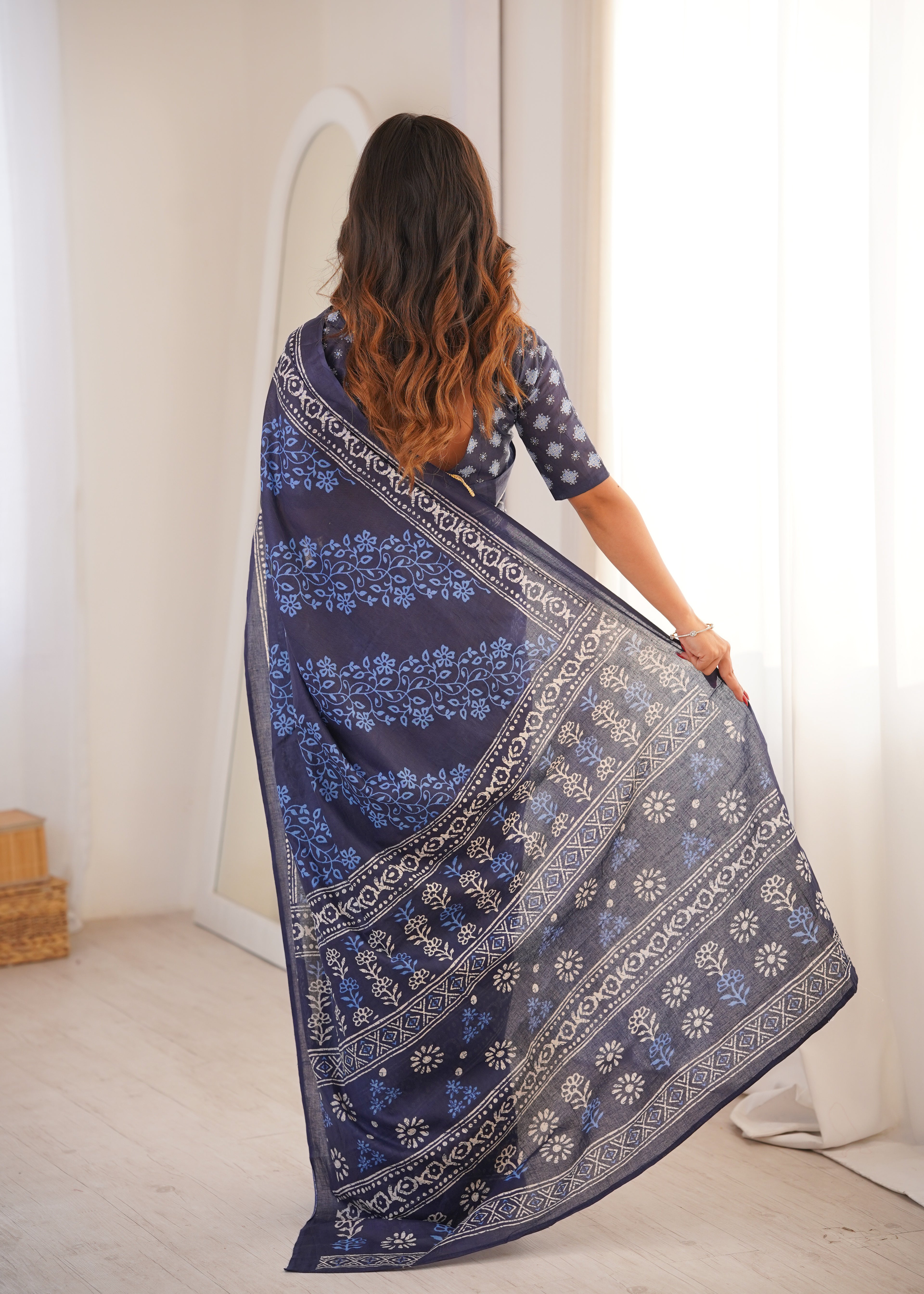 Designer Printed Pure Cotton Saree of Blue