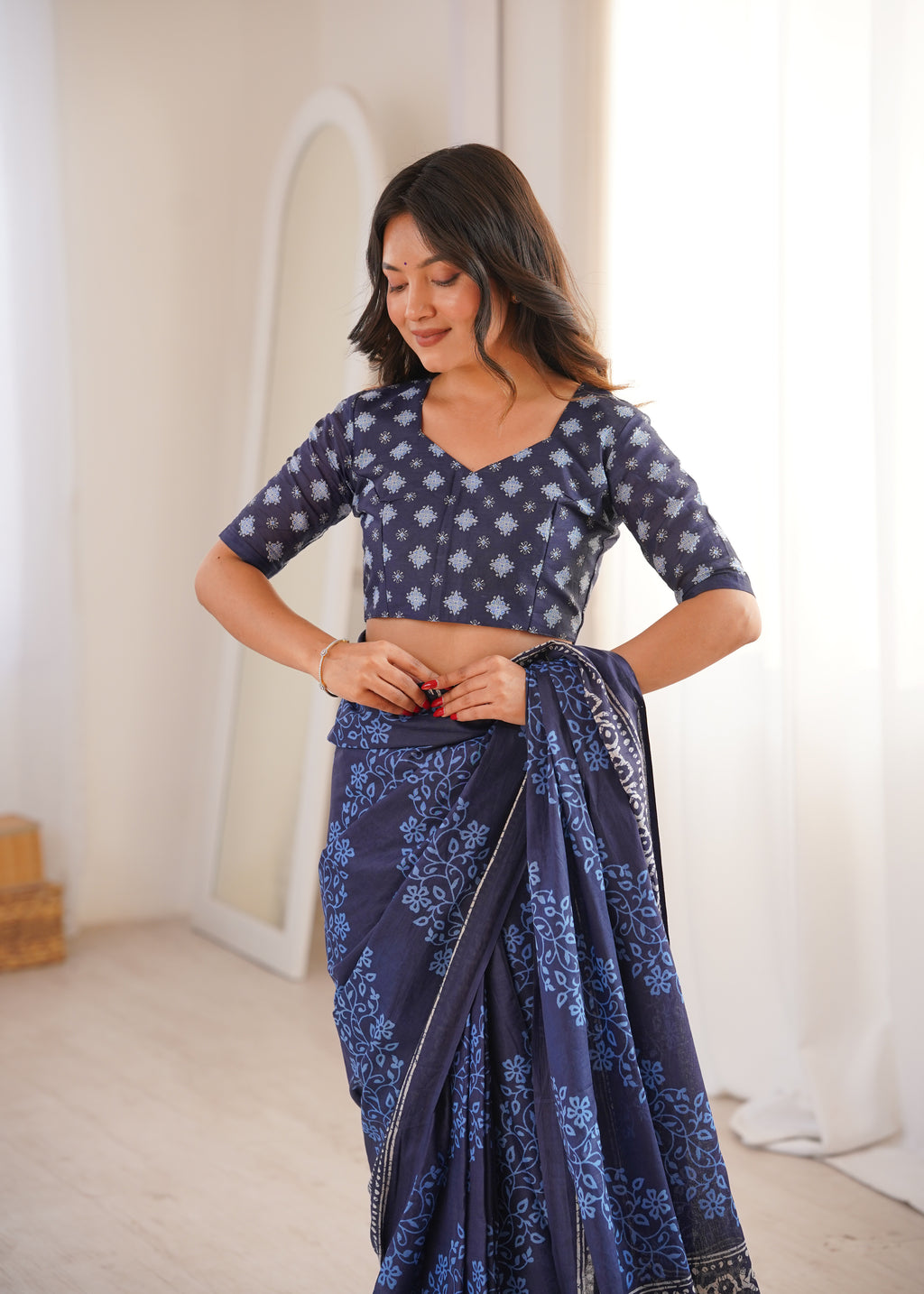 Designer Printed Pure Cotton Saree of Blue