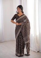 Designer Printed Pure Cotton Saree of Brown