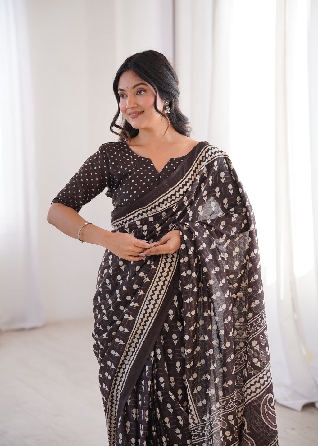 Designer Printed Pure Cotton Saree of Brown