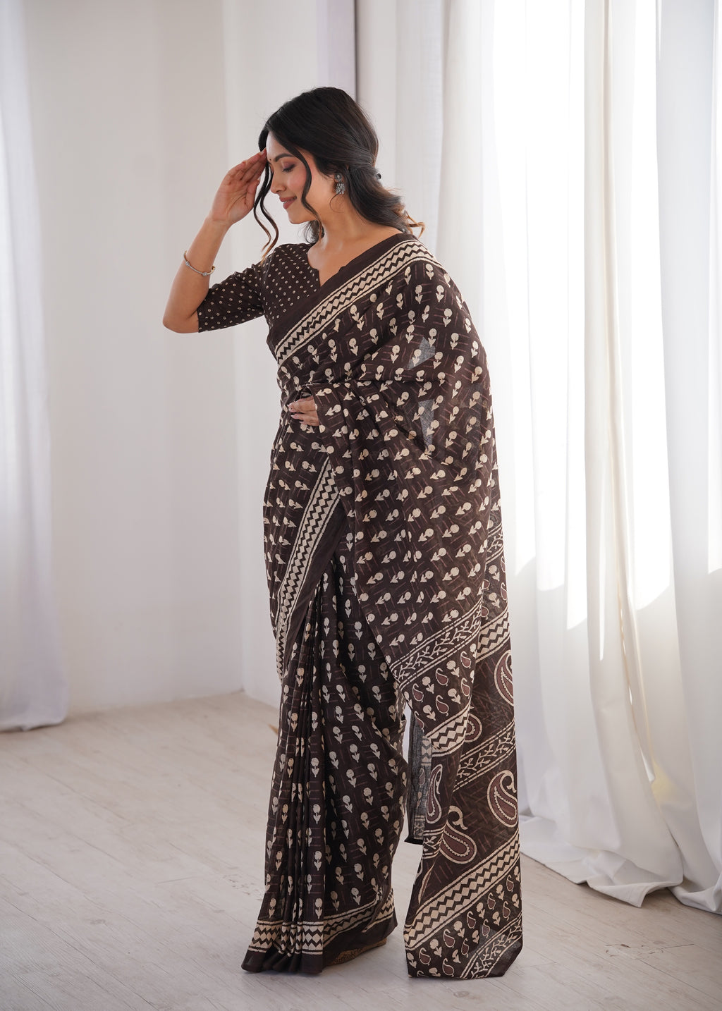 Designer Printed Pure Cotton Saree of Brown