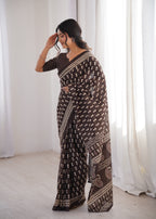 Designer Printed Pure Cotton Saree of Brown