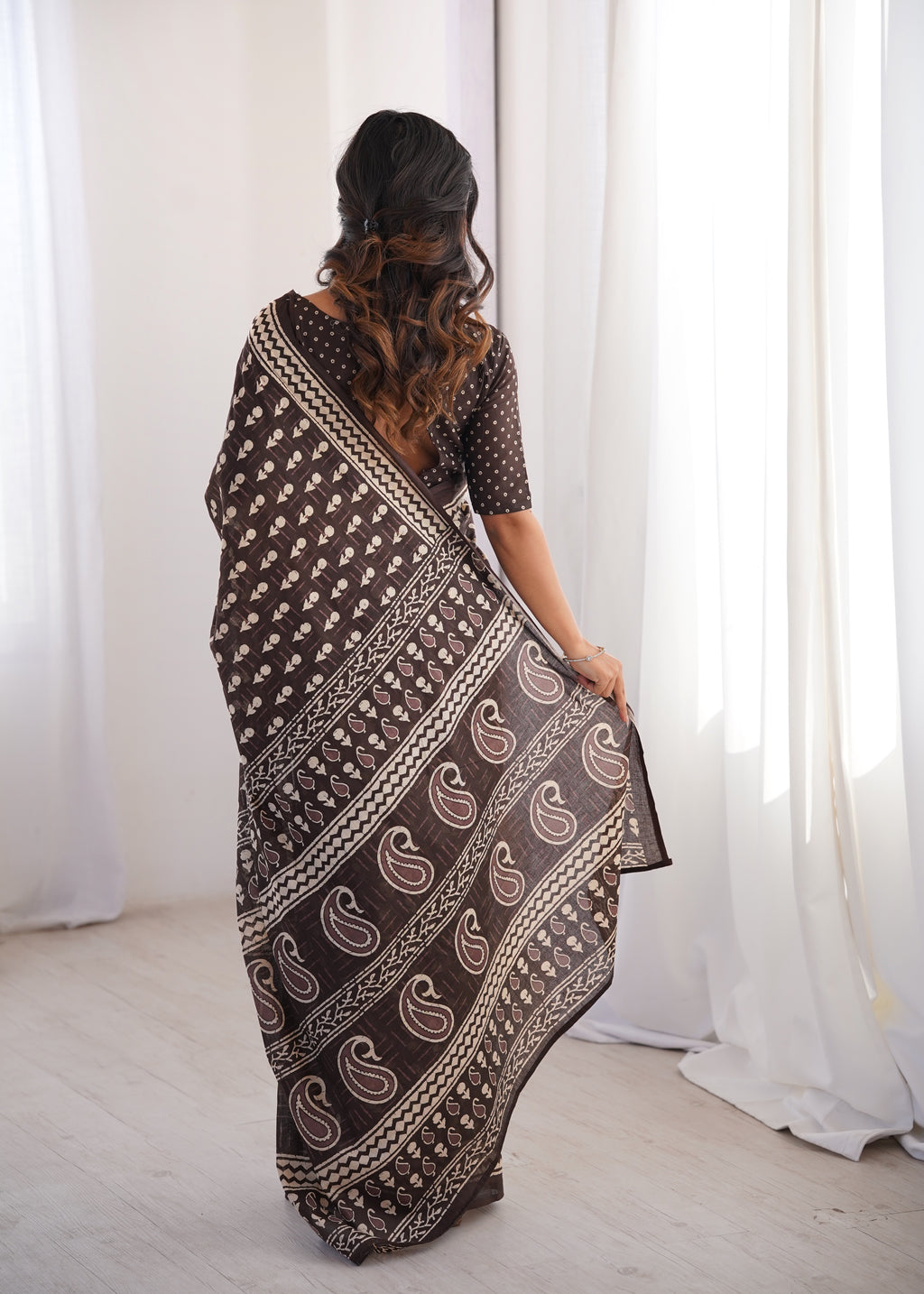 Designer Printed Pure Cotton Saree of Brown