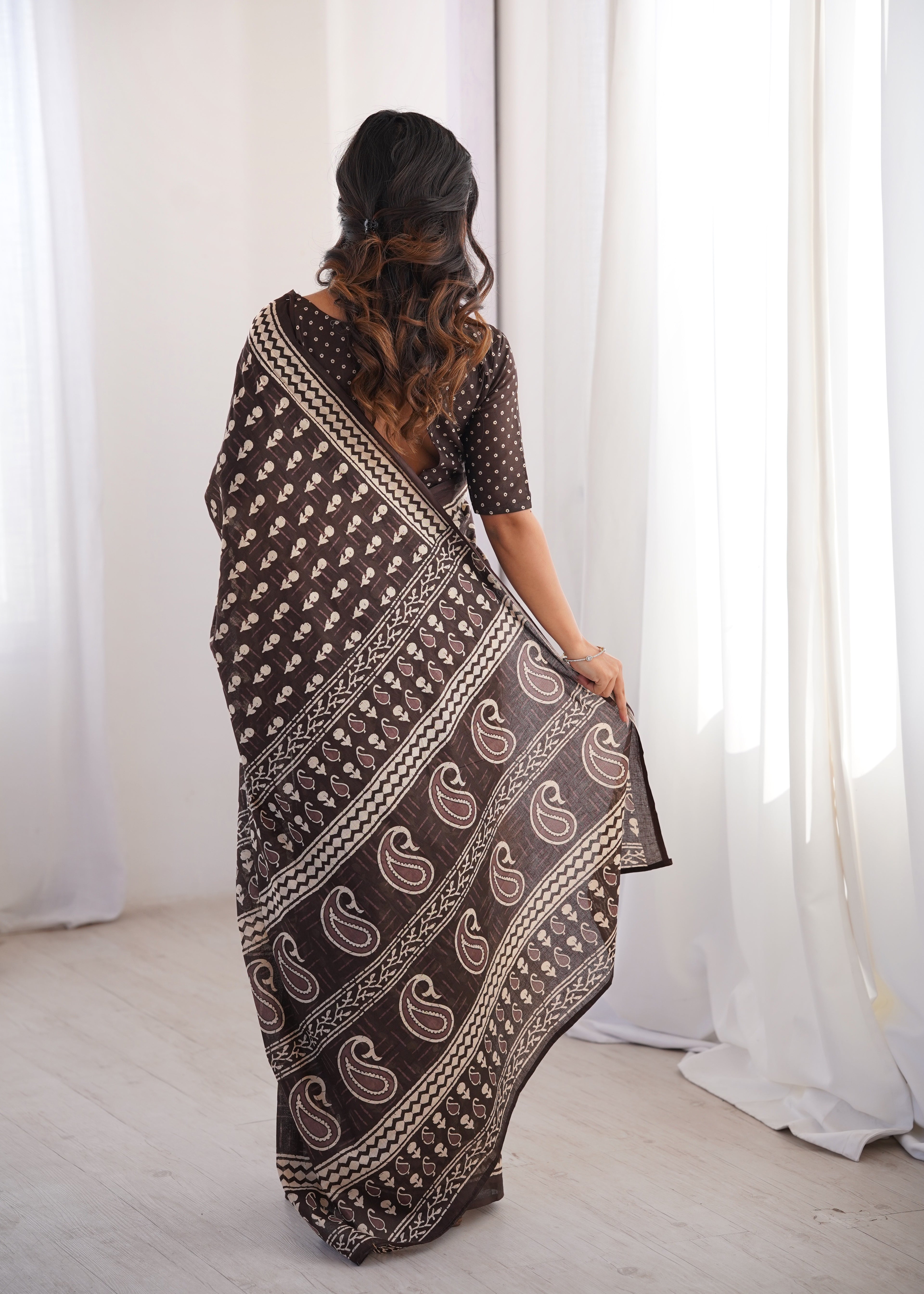 Designer Printed Pure Cotton Saree of Brown